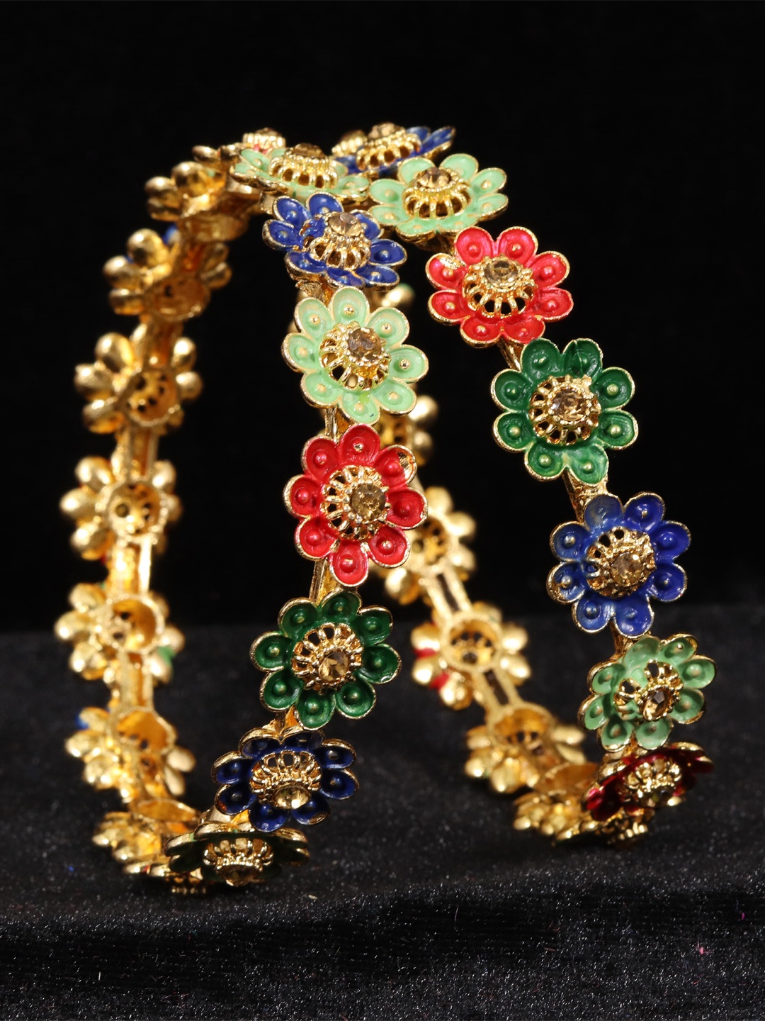 

NMII Gold-Toned & Red Pack Of 2 Stone-Studded Flower Shaped Bangles