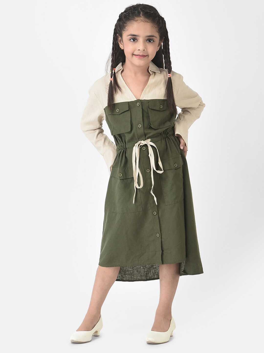 

Crimsoune Club Girls Olive Green & Off White Shirt Midi Dress