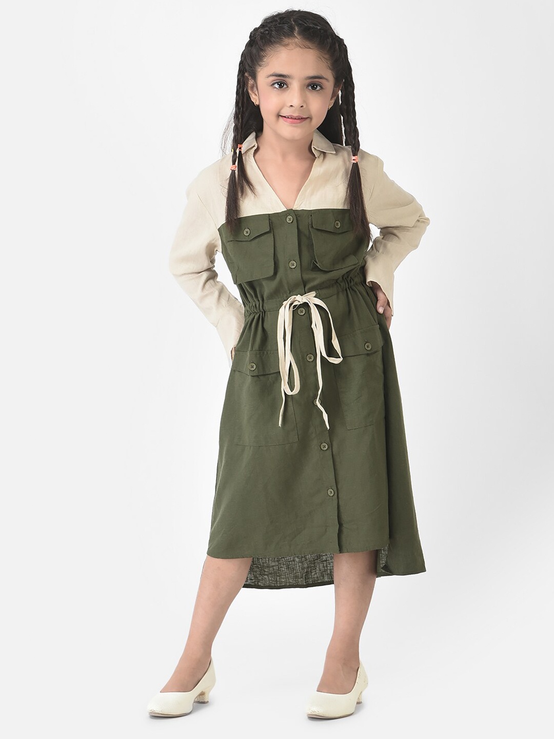

Crimsoune Club Girls Olive Green & Off White Shirt Midi Dress