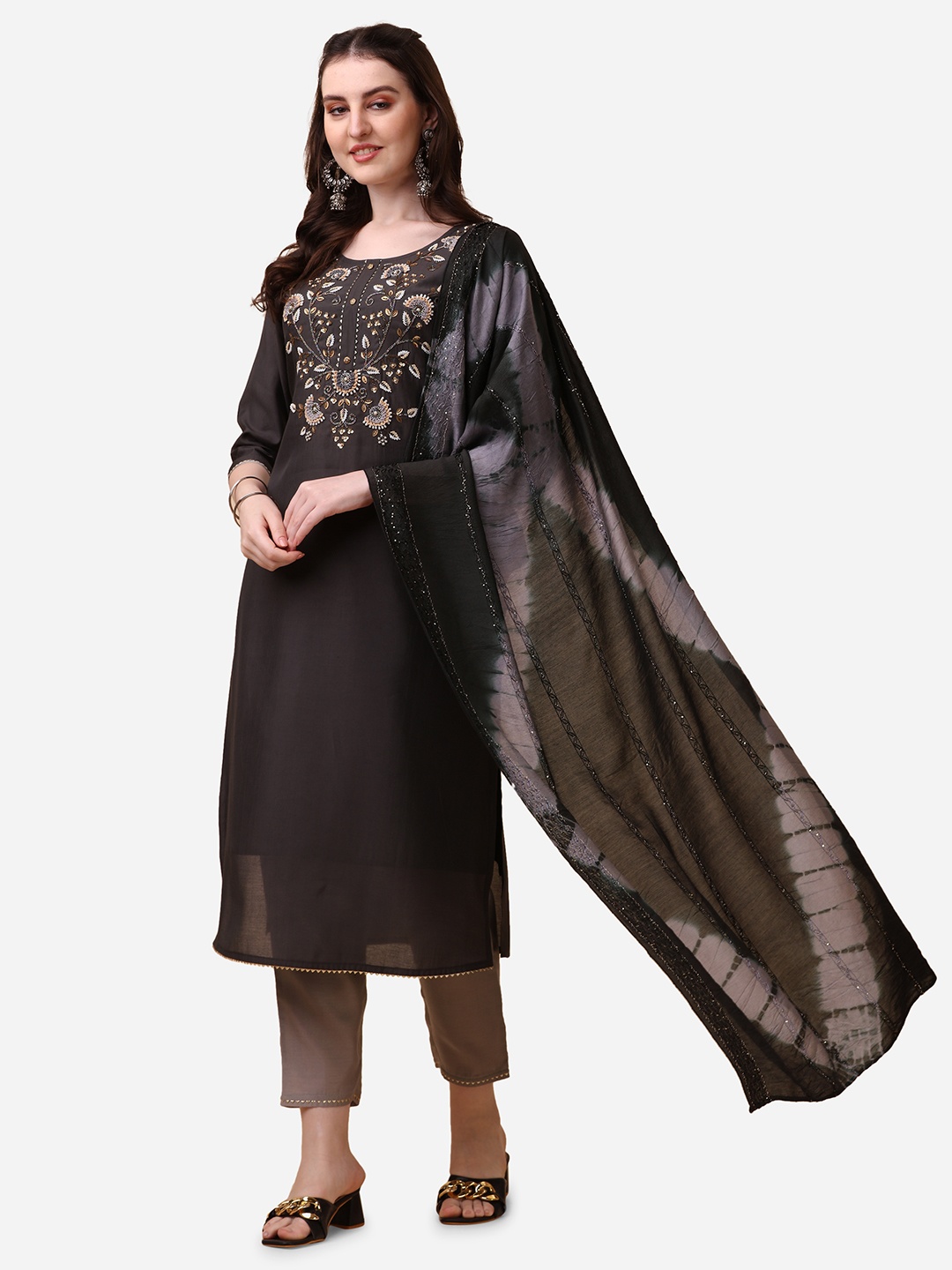 

Berrylicious Embroidered Thread Work Chanderi Cotton Kurta with Trousers & Dupatta, Grey