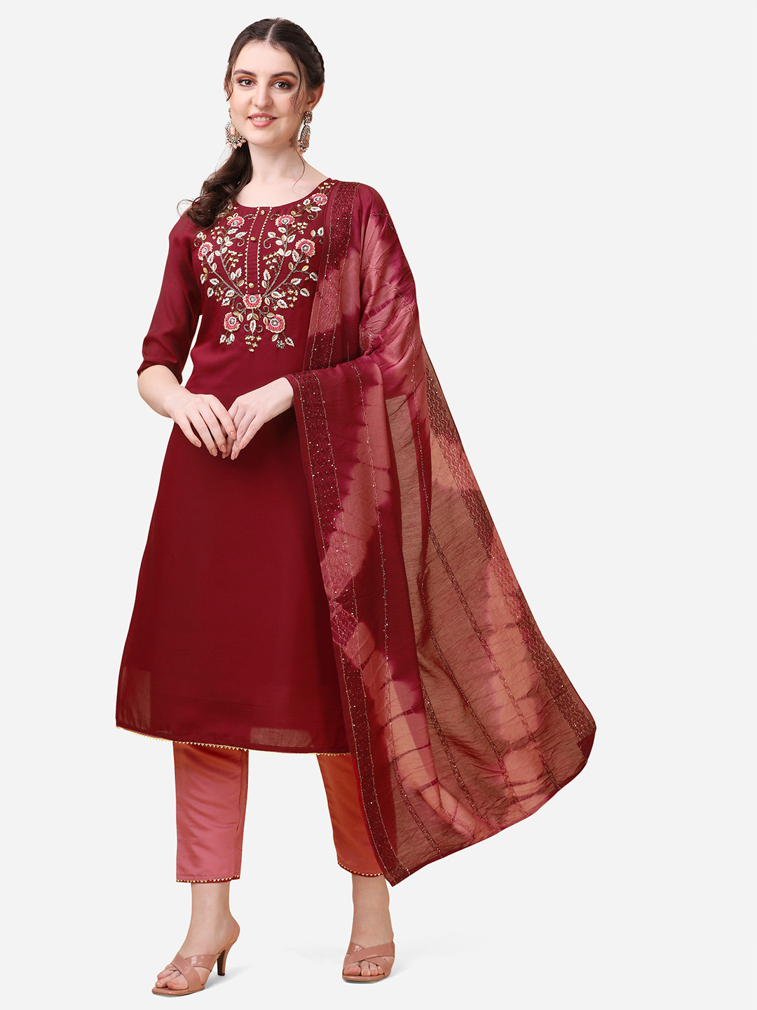 

Berrylicious Women Maroon Floral Embroidered Kurta with Trousers & With Dupatta