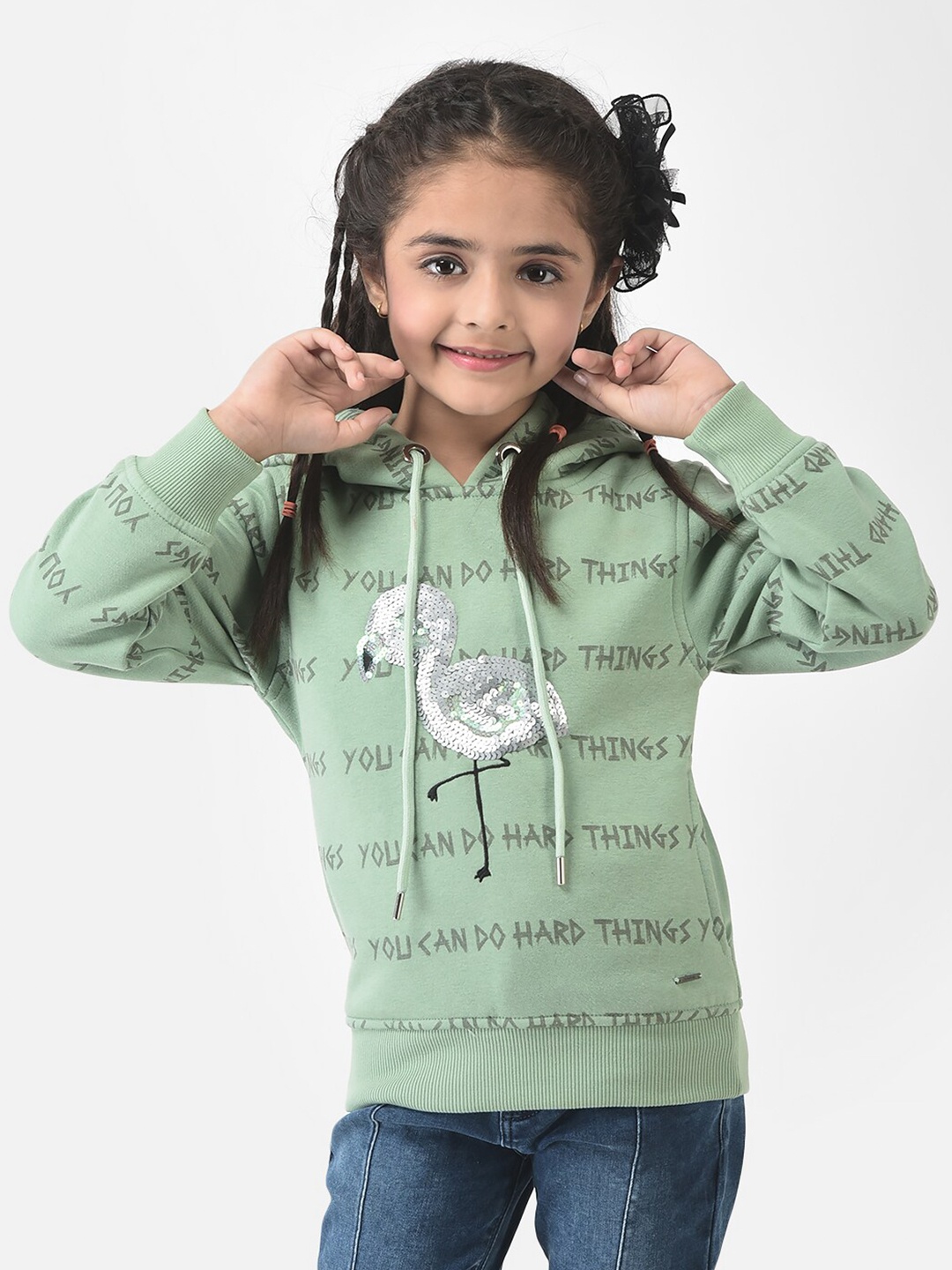 

Crimsoune Club Girls Green Printed Hooded Sweatshirt