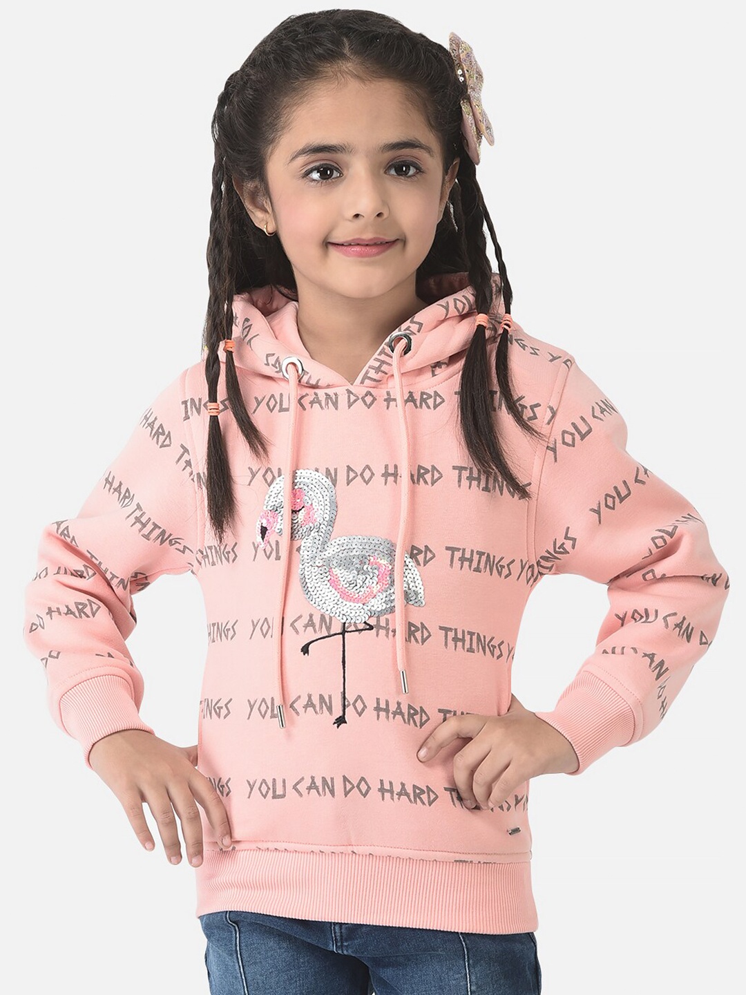 

Crimsoune Club Girls Pink Printed Hooded Sweatshirt