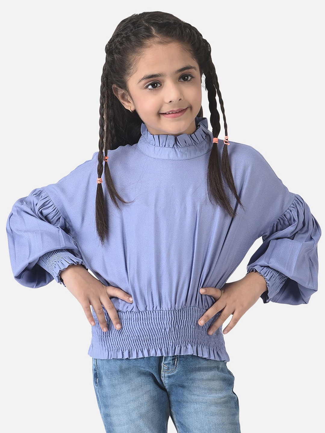 Crimsoune Club Girls Violet Extended Sleeves Smocked Blouson Top