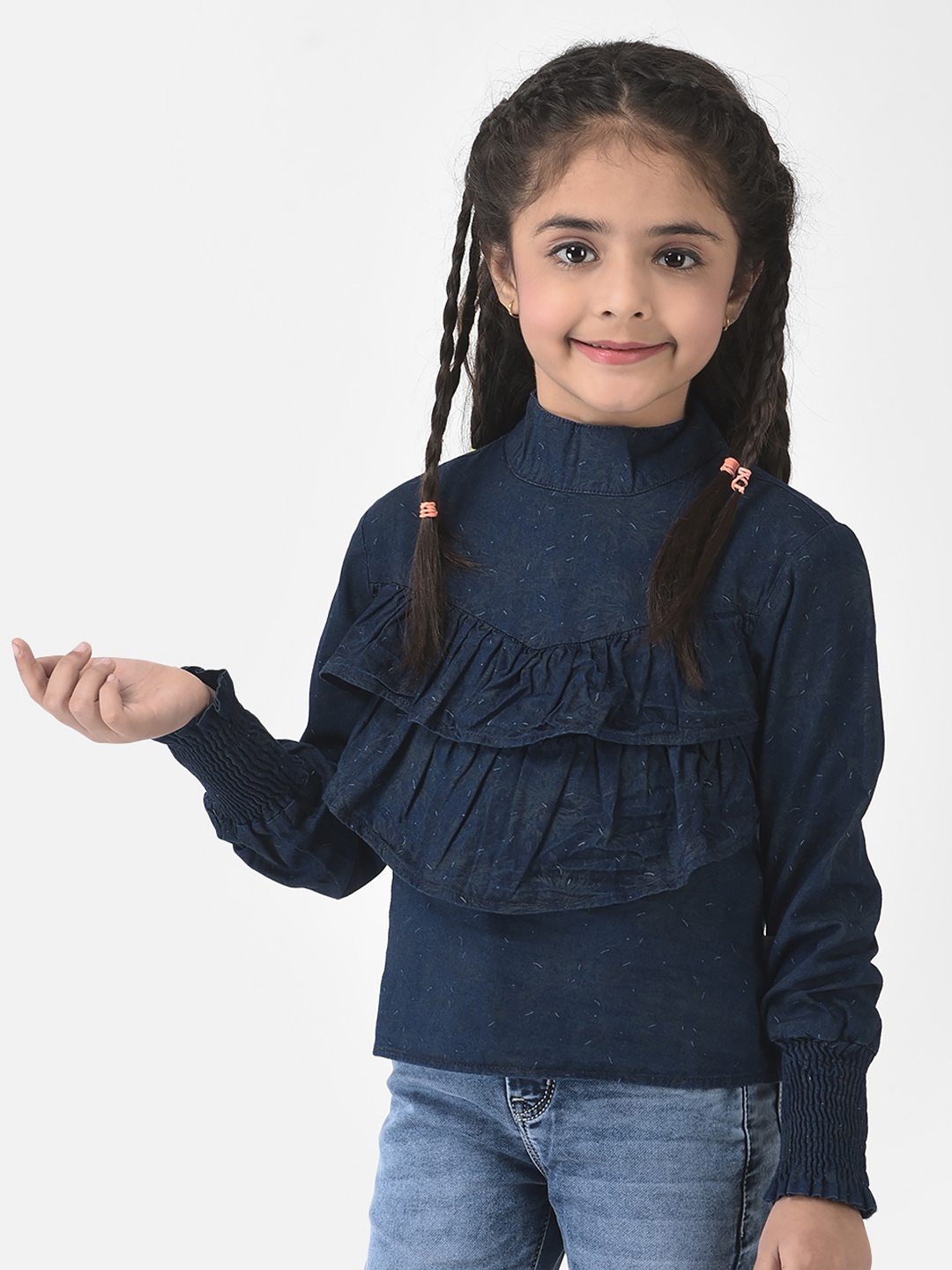 

Crimsoune Club Girls Navy Blue & Olive Green Floral Print Pure Cotton Ruffles Top