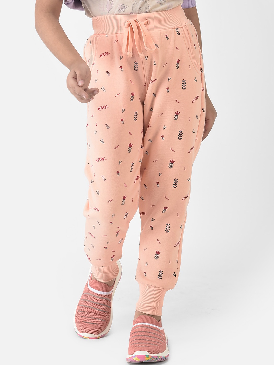 Crimsoune Club Girls Peach Printed Cotton Joggers