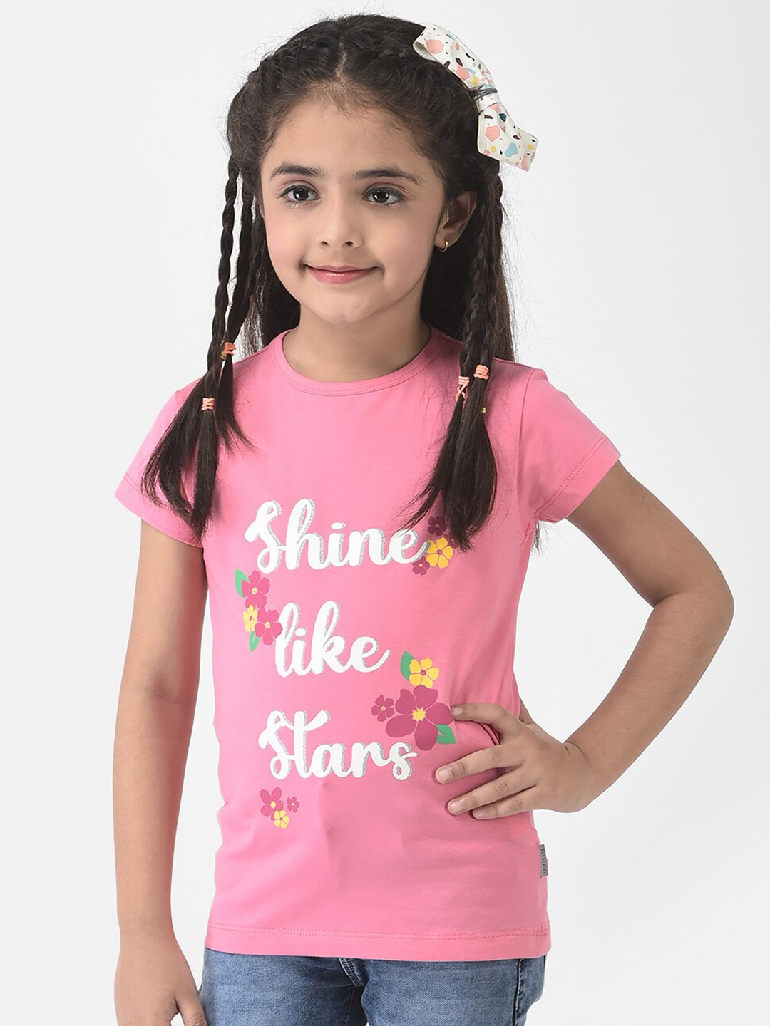 

Crimsoune Club Girls Pink Cotton Typography Printed Slim Fit T-shirt