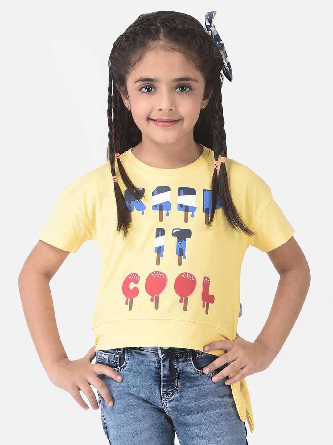 

Crimsoune Club Girls Yellow Cotton Typography Printed T-shirt