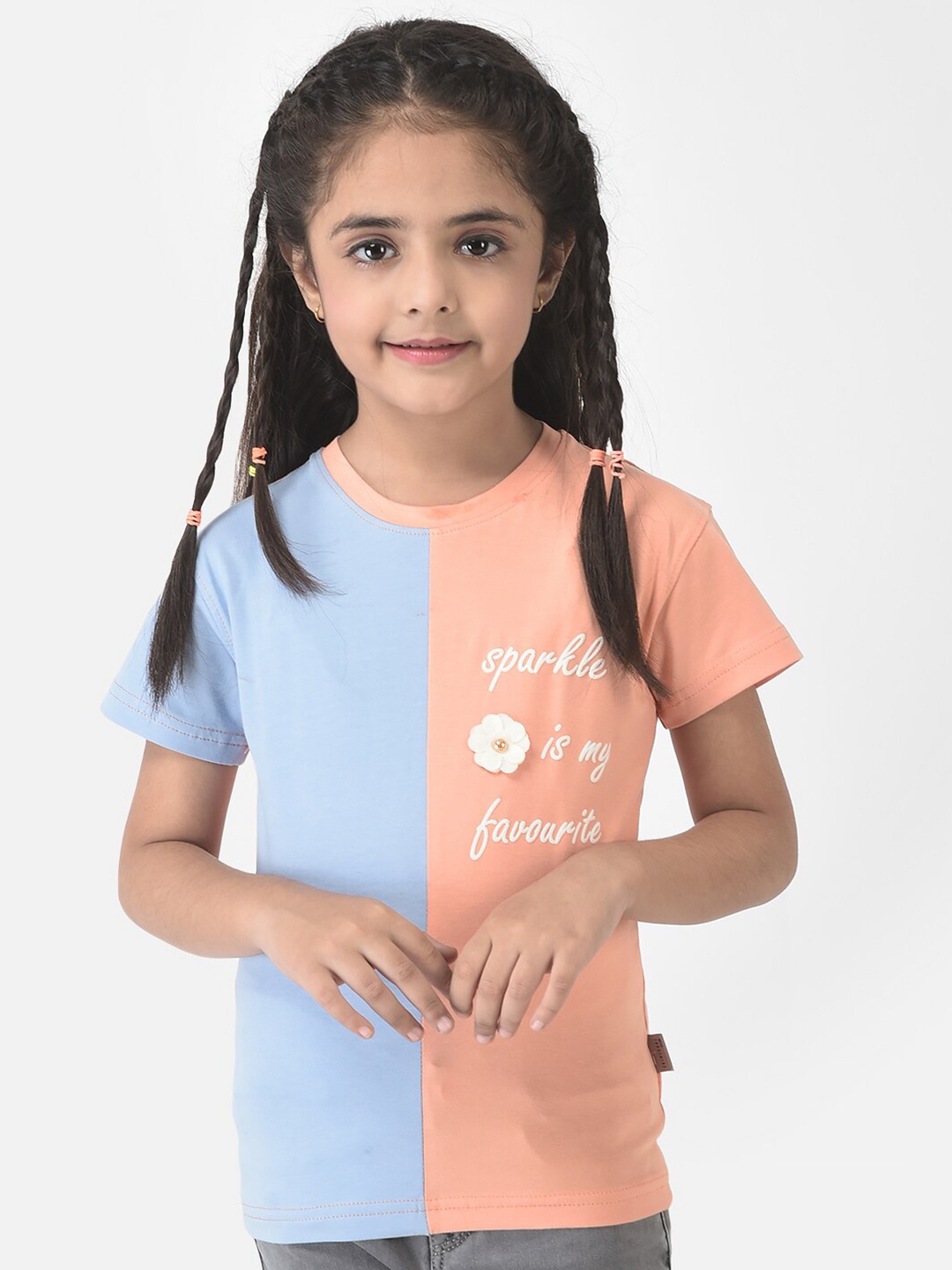 

Crimsoune Club Girls Cotton Colourblocked T-shirt, Blue