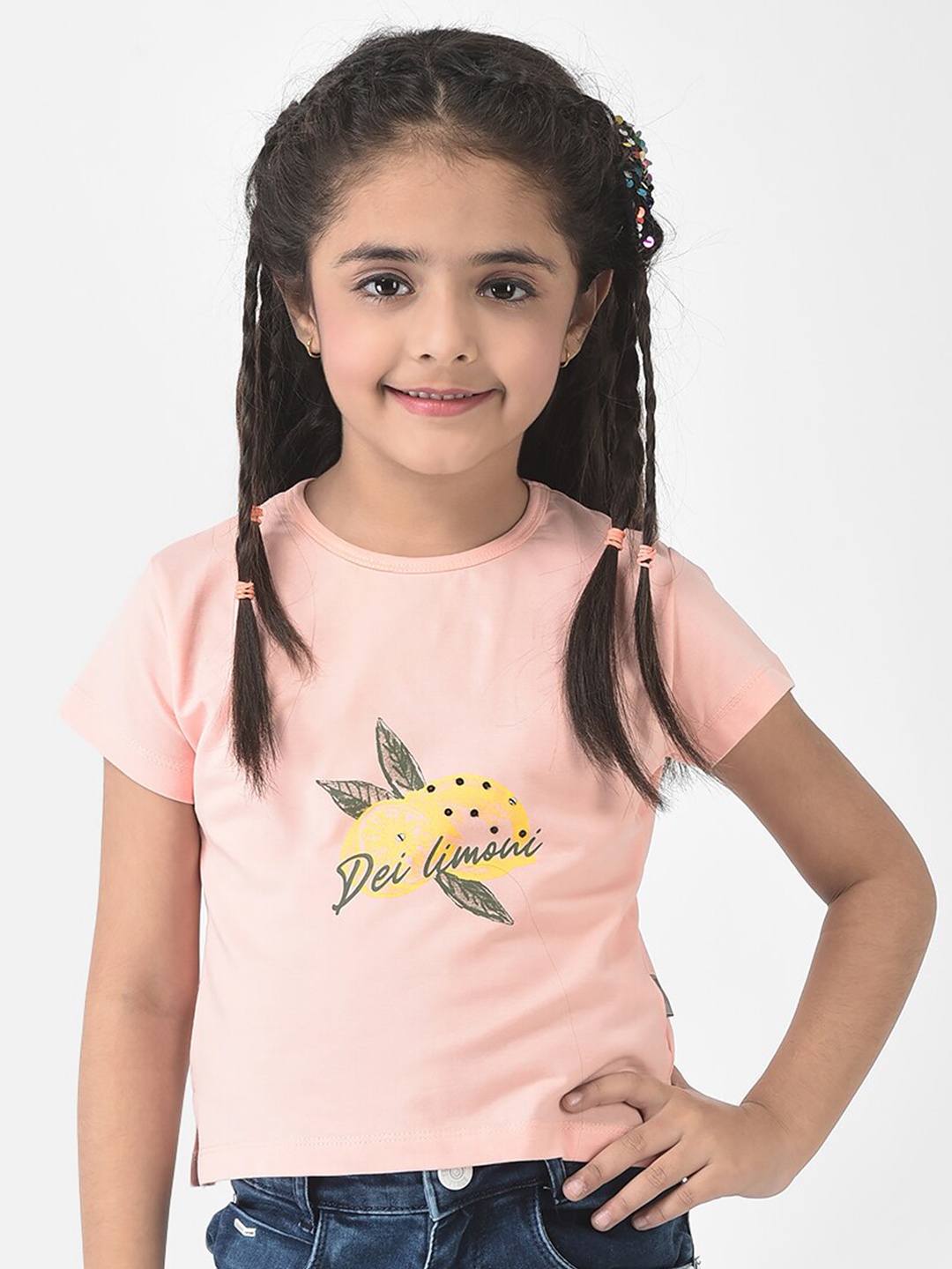 

Crimsoune Club Girls Peach-Coloured Cotton Printed Slim Fit T-shirt