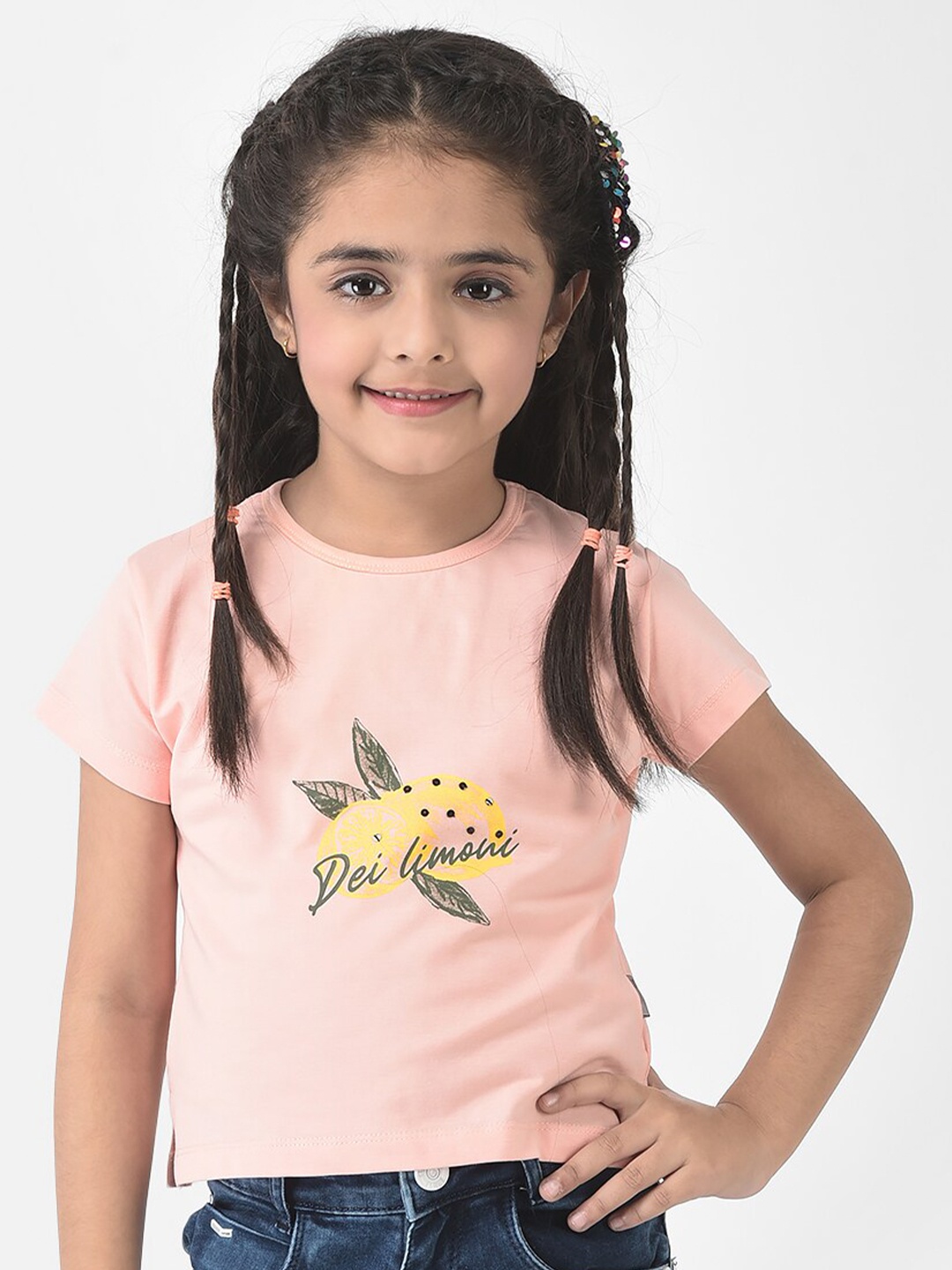 

Crimsoune Club Girls Peach-Coloured Cotton Printed Slim Fit T-shirt