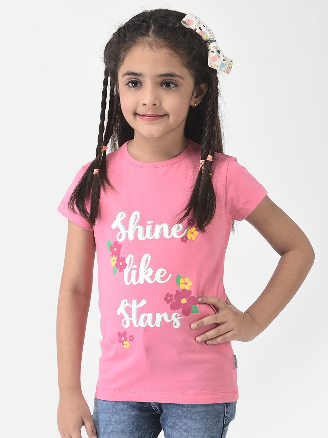 

Crimsoune Club Girls Pink Cotton Typography Printed Slim Fit T-shirt