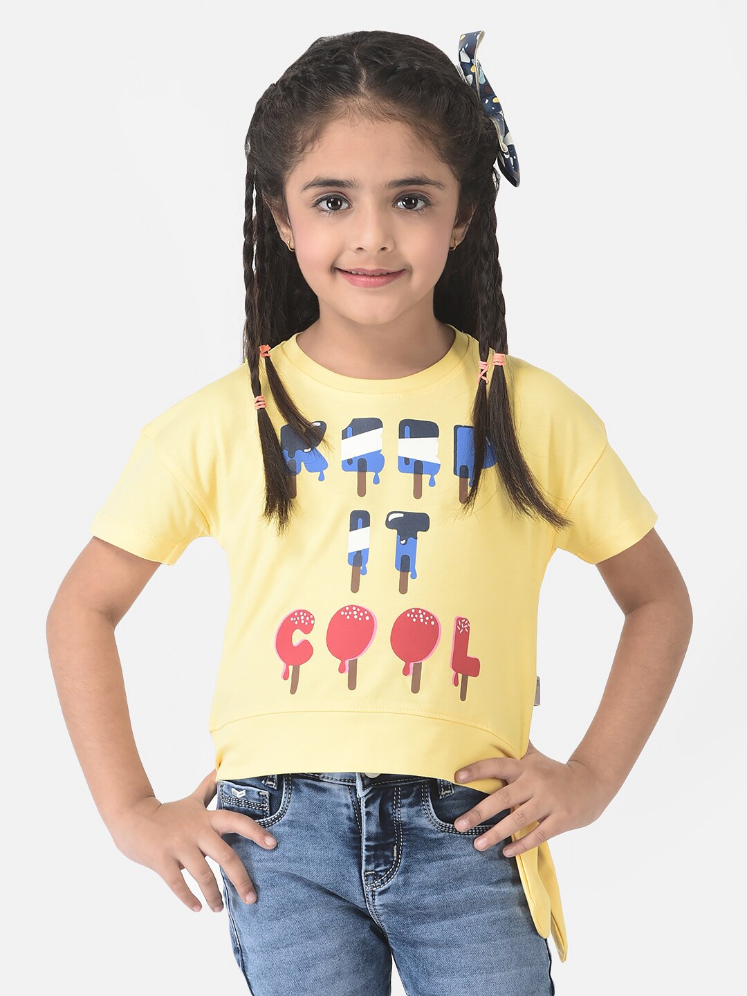 

Crimsoune Club Girls Yellow Cotton Typography Printed T-shirt
