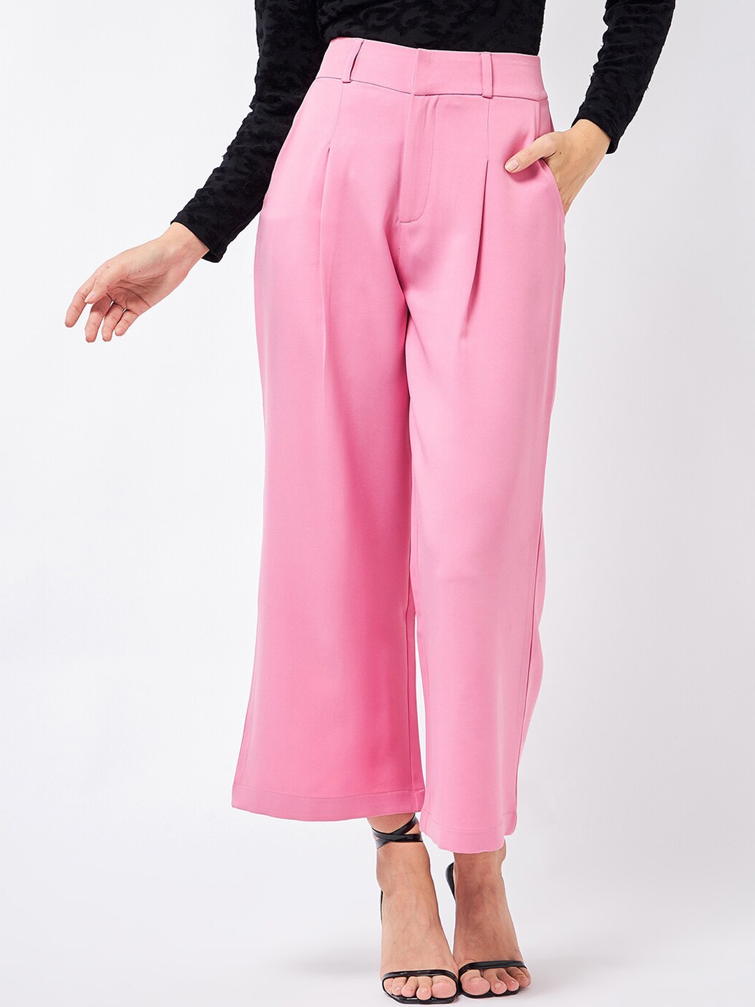 

MAGRE Women Pink Relaxed Flared High-Rise Pleated Culottes Trousers