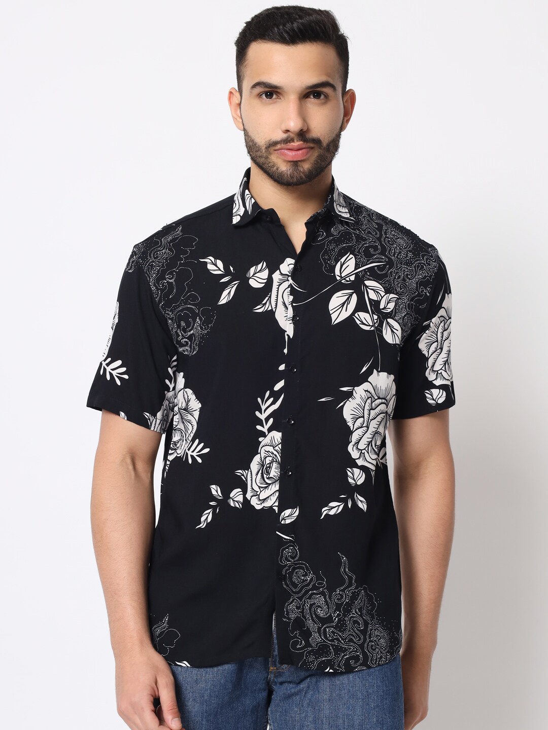 

LAKAALA Men Relaxed Floral Printed Casual Cotton Shirt, Black