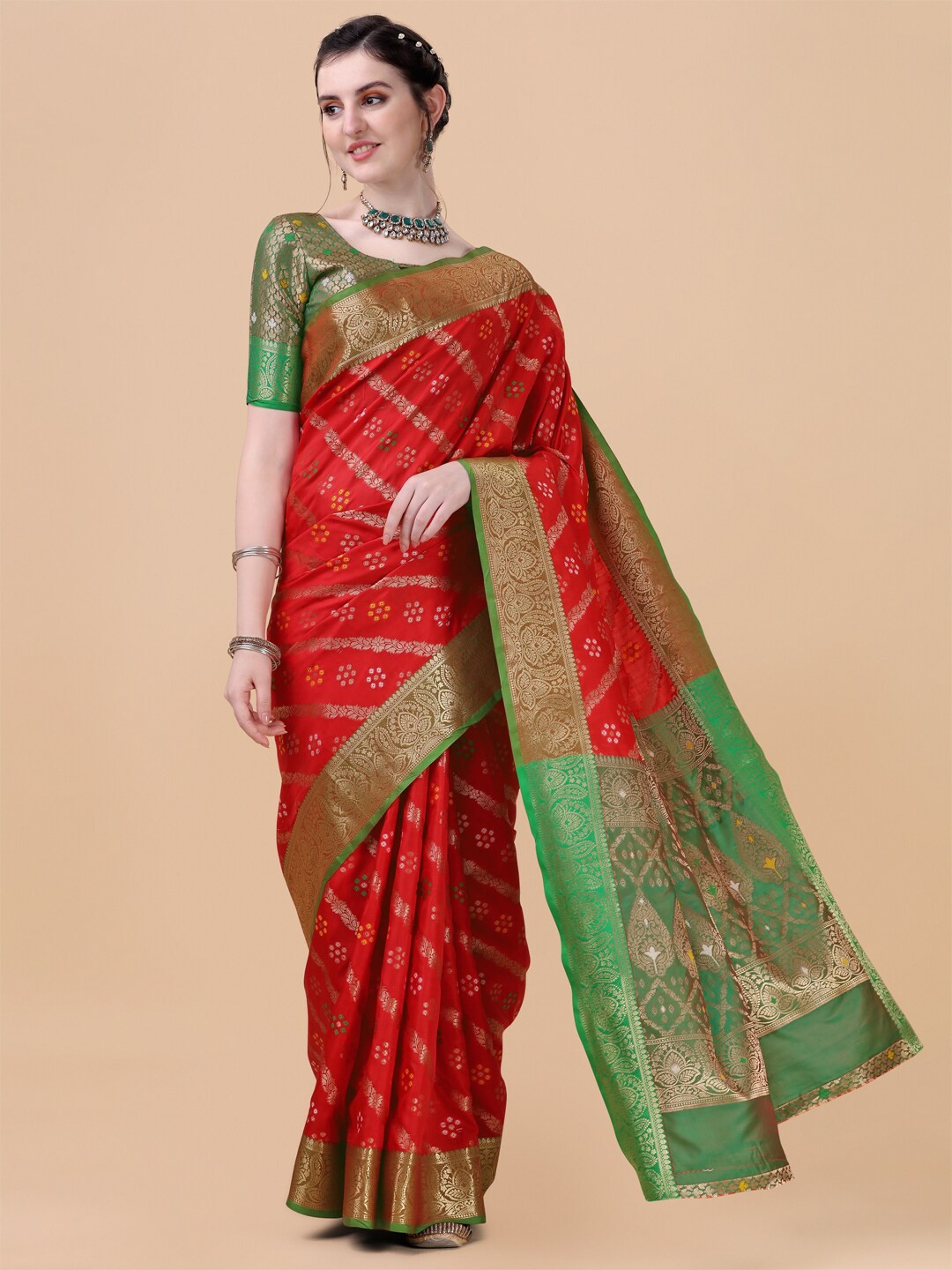 

Sangria Red & Green Woven Design Zari Silk Blend Fusion Banarasi Saree