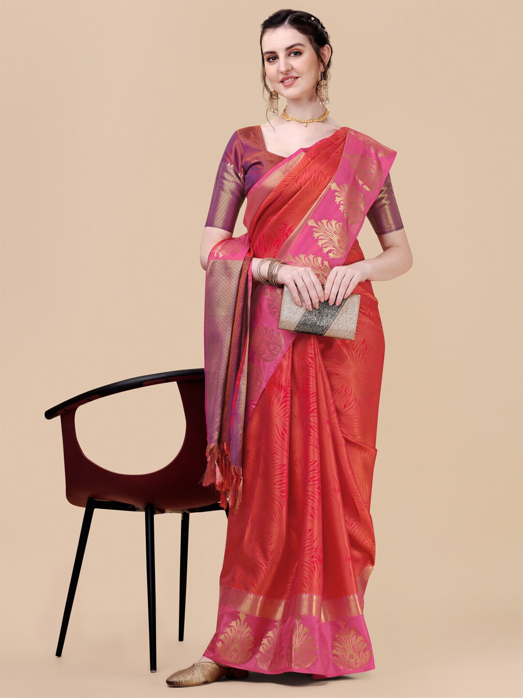 

Sangria Pink & Gold-Toned Ethnic Motifs Zari Silk Blend Banarasi Saree