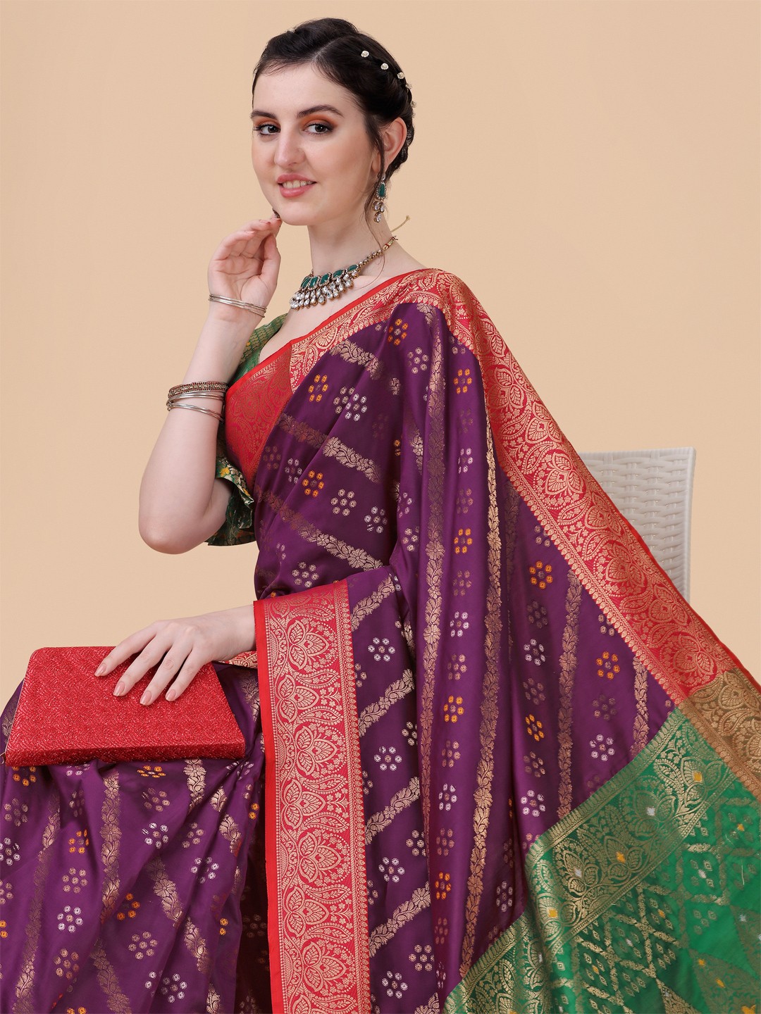 

Sangria Purple & Green Floral Zari Silk Blend Banarasi Saree
