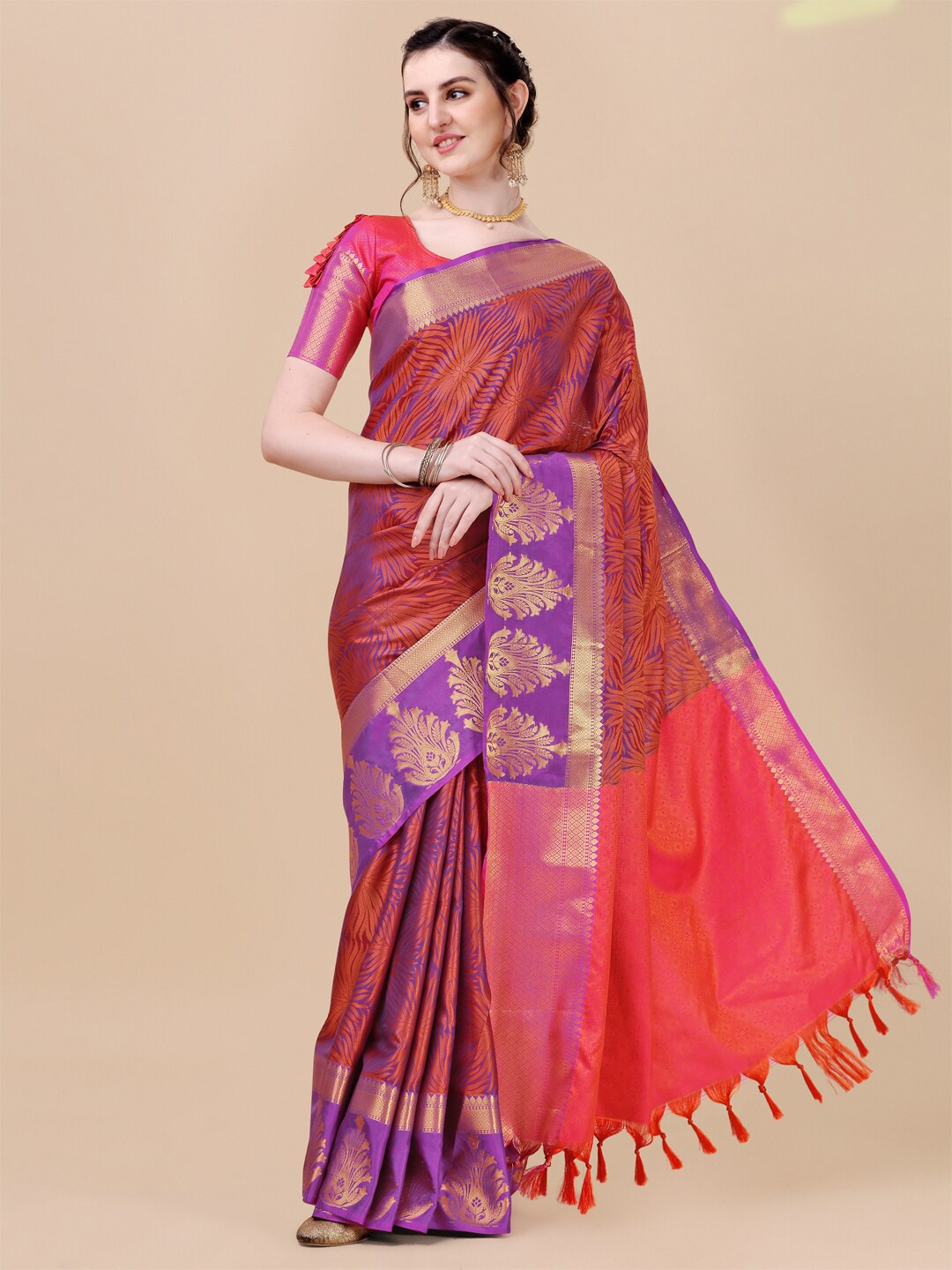 

Sangria Purple & Red Ethnic Motifs Zari Silk Blend Banarasi Saree