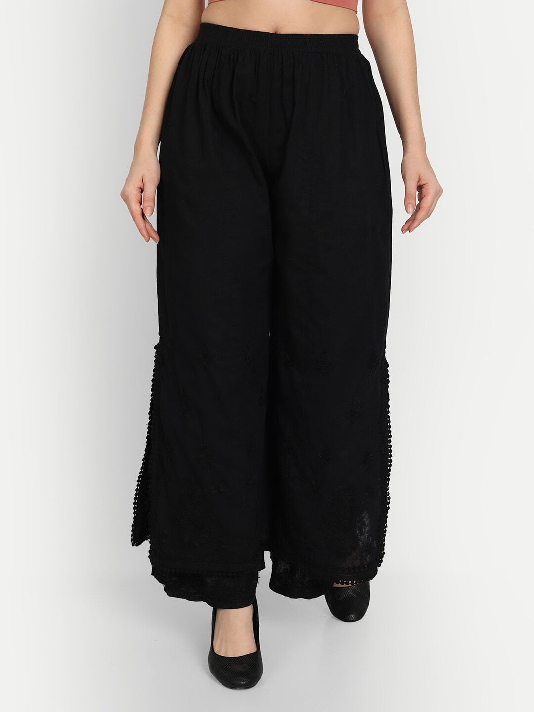 

Indiankala4u Women Black Floral Embroidered Knitted Ethnic Cotton Palazzos