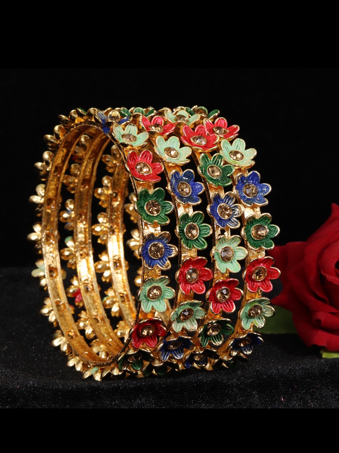 

NMII Gold-Toned & Blue Pack Of 4 Floral Enameled & Stone-Studded Bangles
