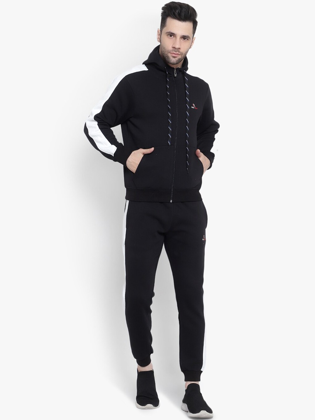 

Reich Color Men Black & White Solid Fleece Hooded Tracksuits
