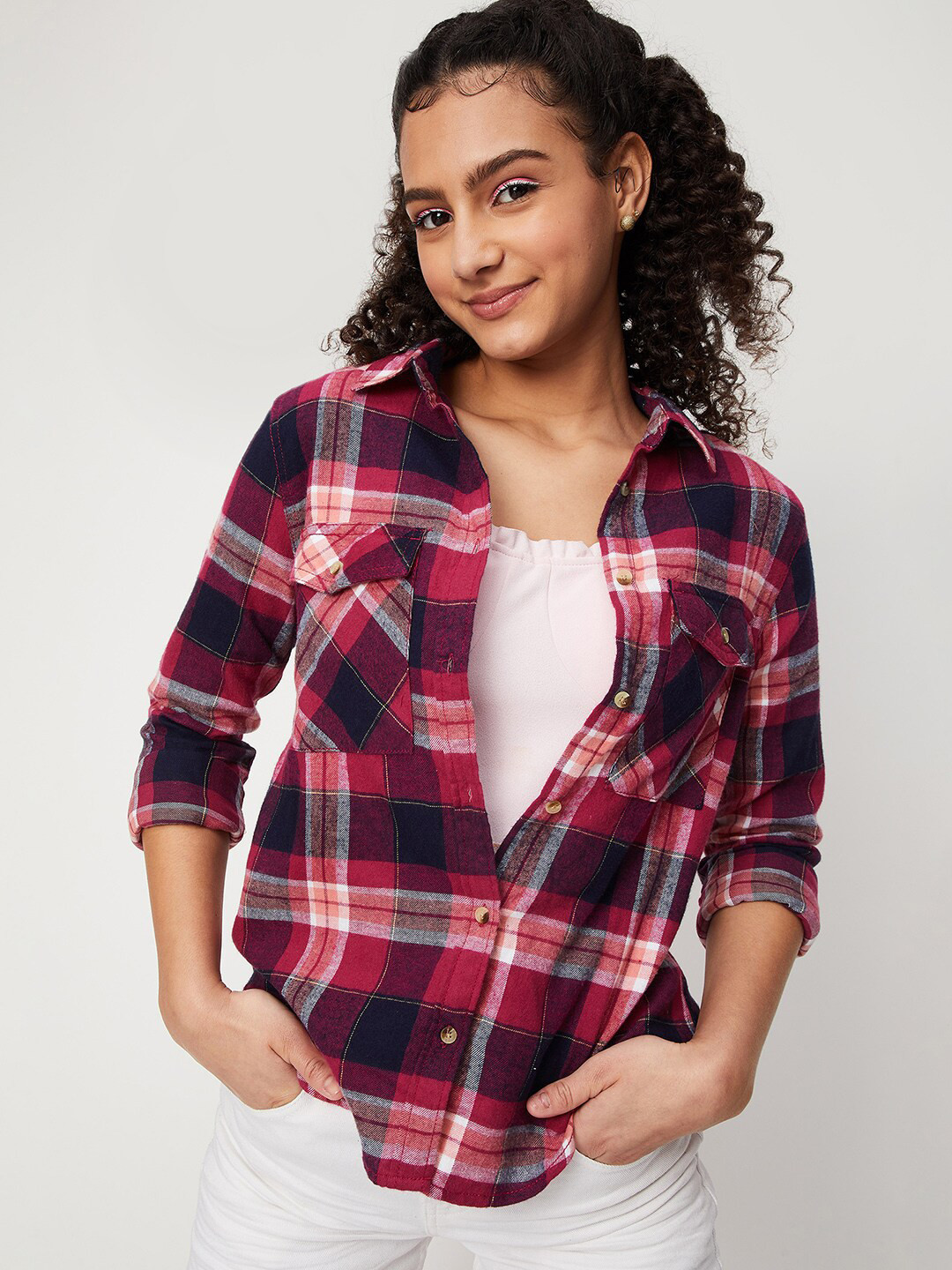 

max Women Red Tartan Checks Checked Cotton Casual Shirt