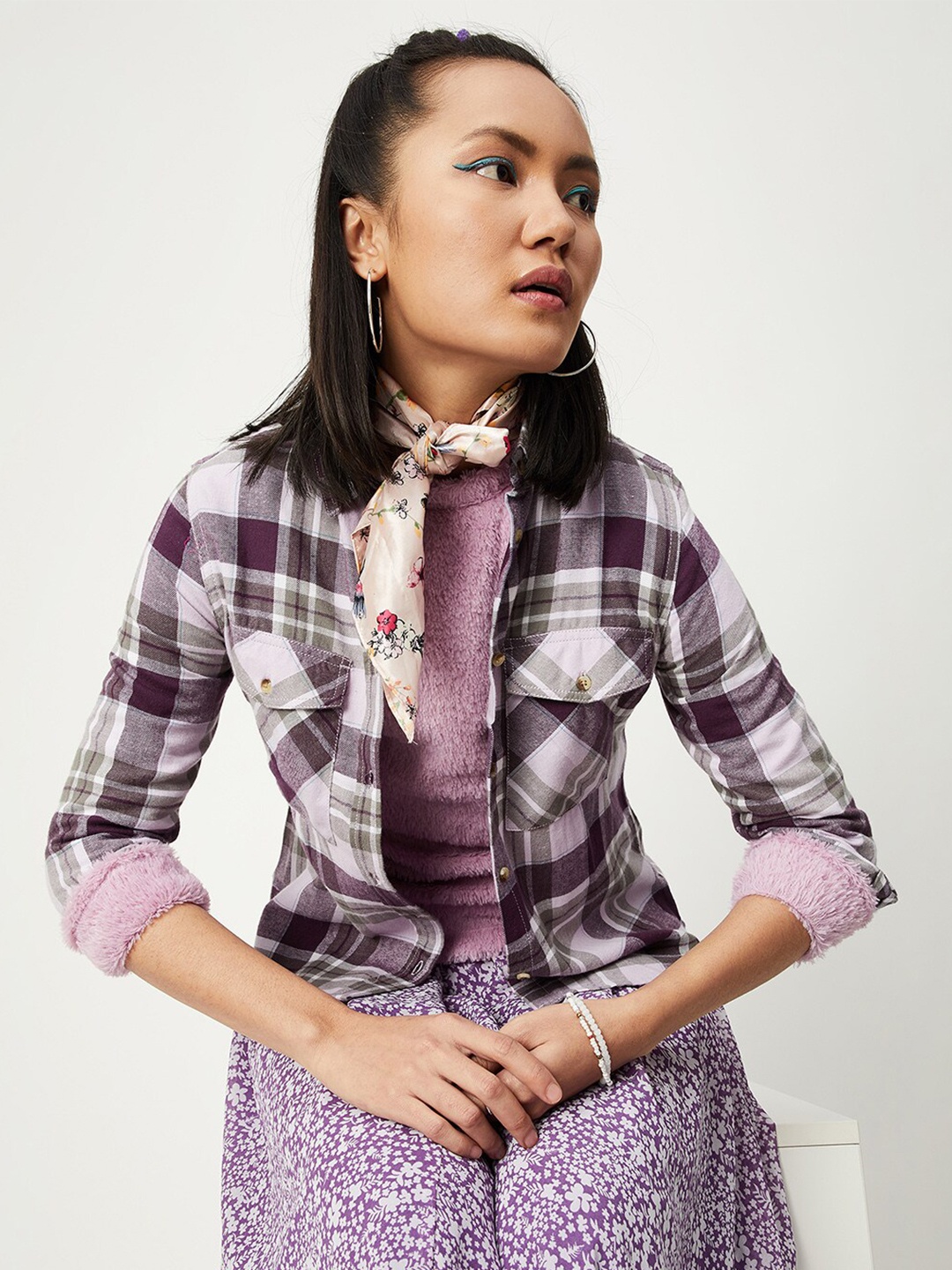 

max Women Purple Tartan Checks Checked Cotton Casual Shirt