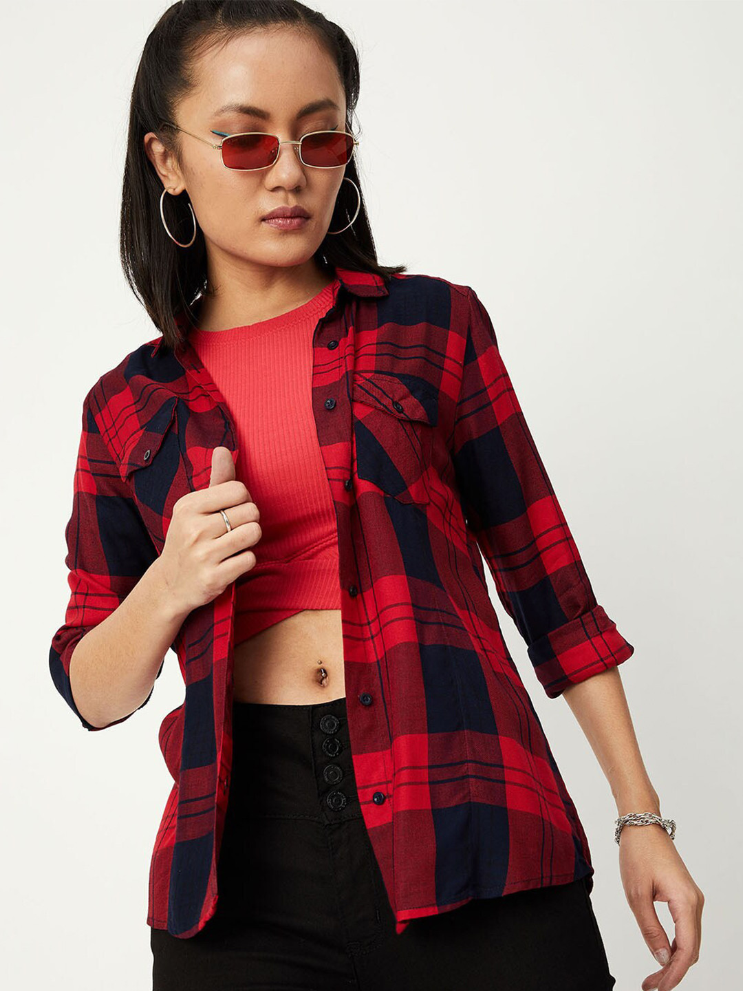 

max Women Red Tartan Checks Checked Casual Shirt