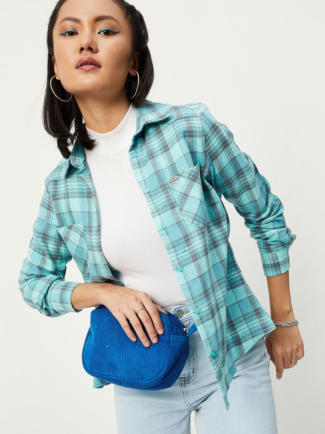 

max Women Blue Checked Cotton Casual Shirt