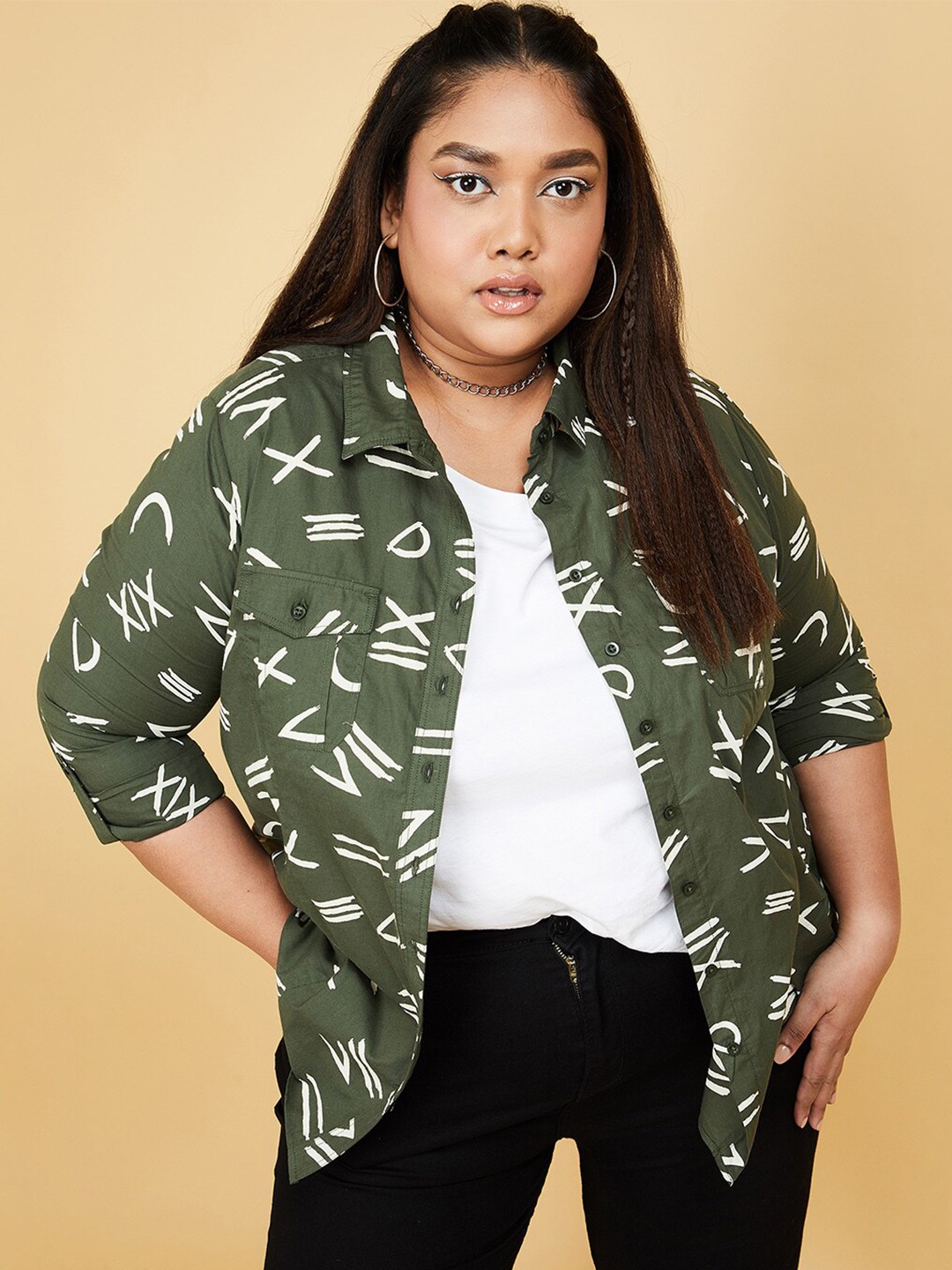 

max Women Plus Size Green Printed Cotton Casual Shirt