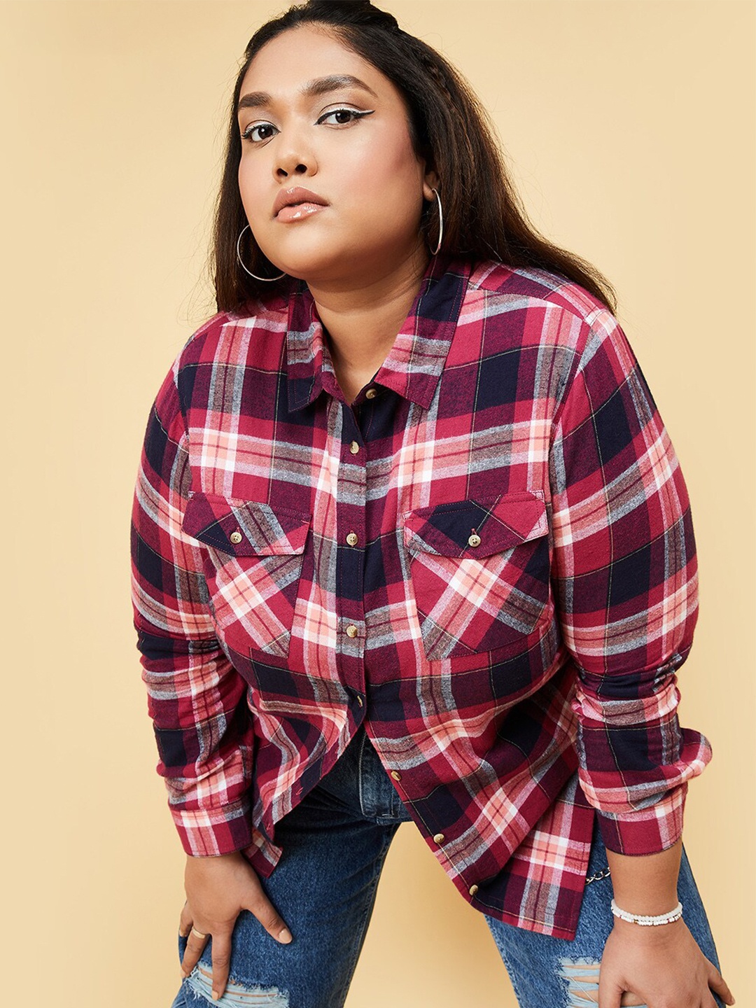 

max Women Plus Size Red Tartan Checks Checked Cotton Casual Shirt