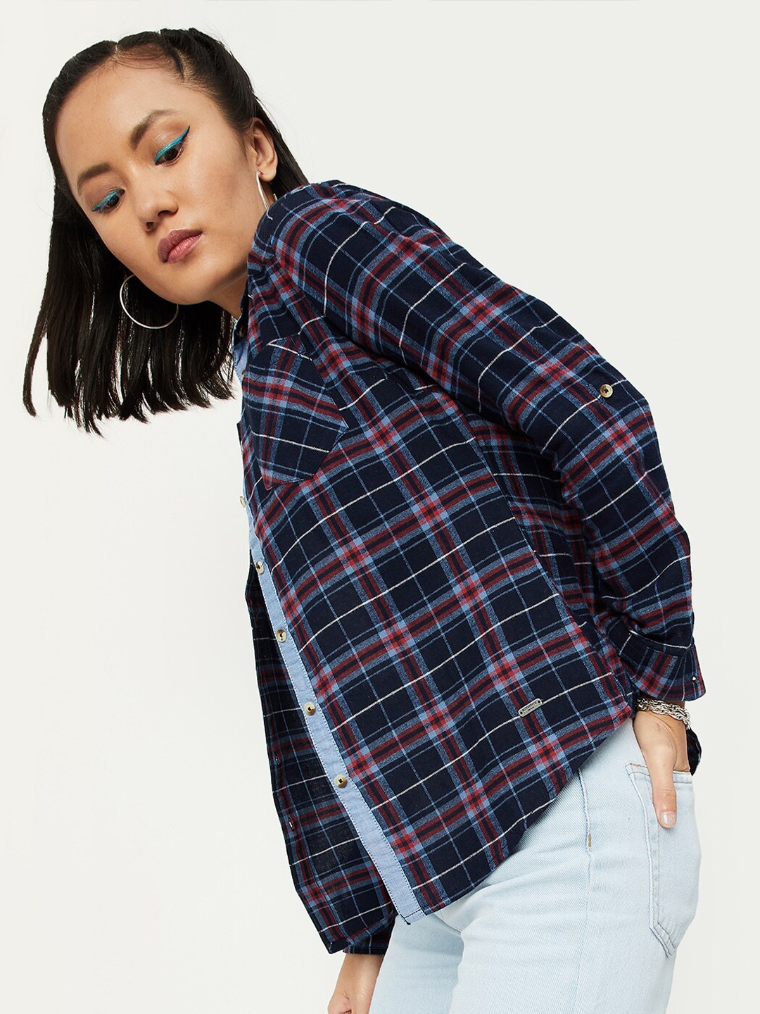 

max Women Blue Tartan Checks Checked Casual Shirt