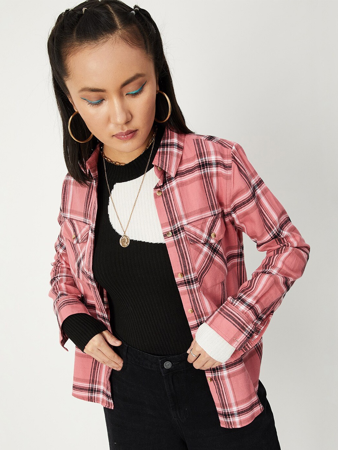 

max Women Mauve Tartan Checks Checked Cotton Casual Shirt