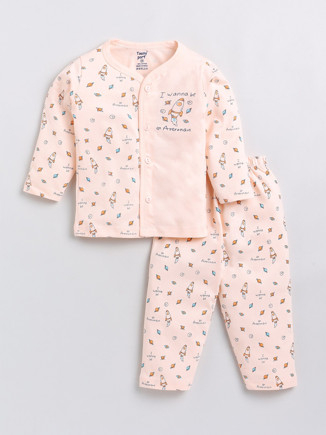 

Toonyport Kids Peach-Coloured & Blue Printed Pure Cotton T-shirt with Pyjamas