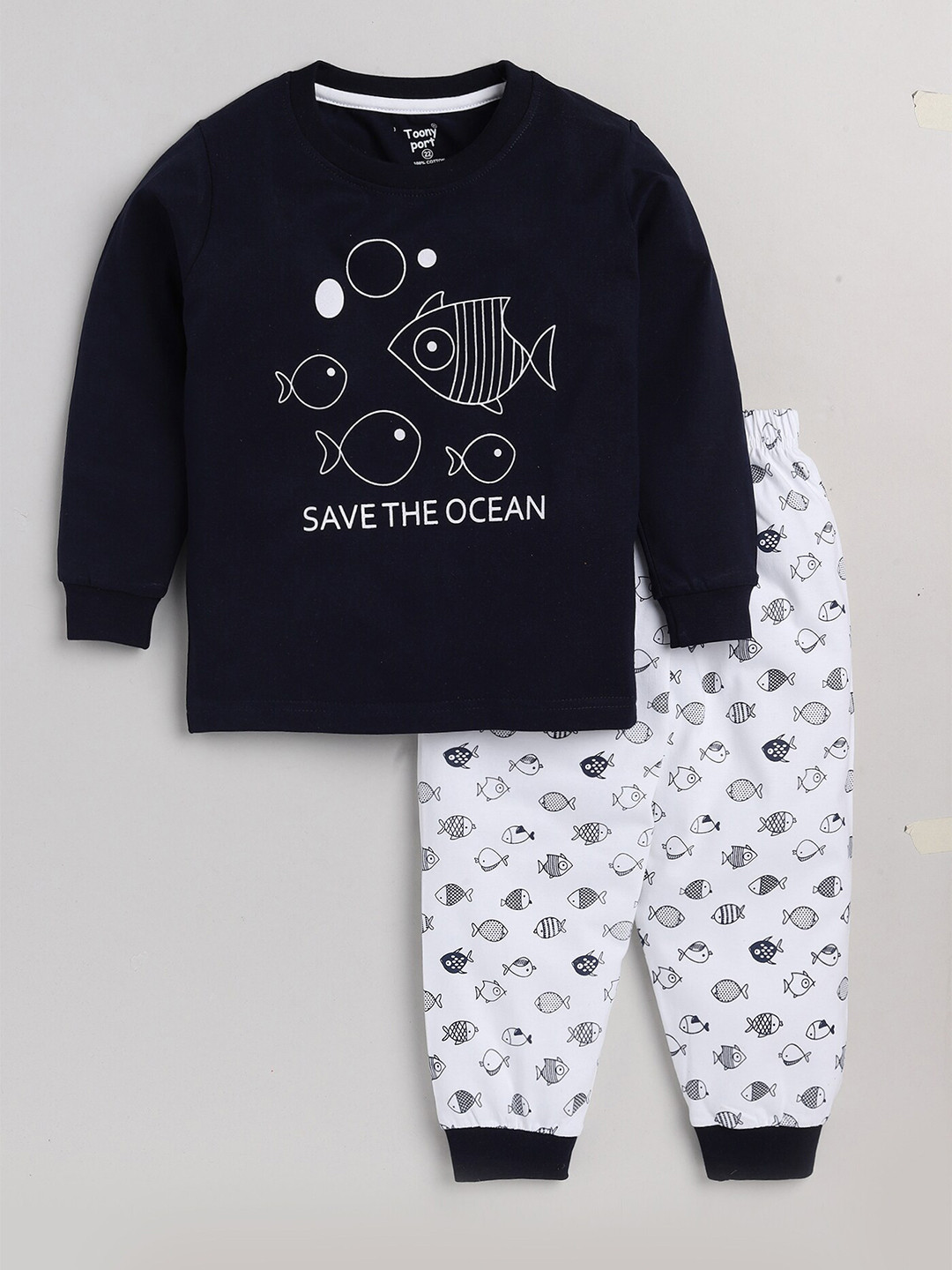 

Toonyport Kids Navy Blue & White Printed Pure Cotton Top with Pyjamas
