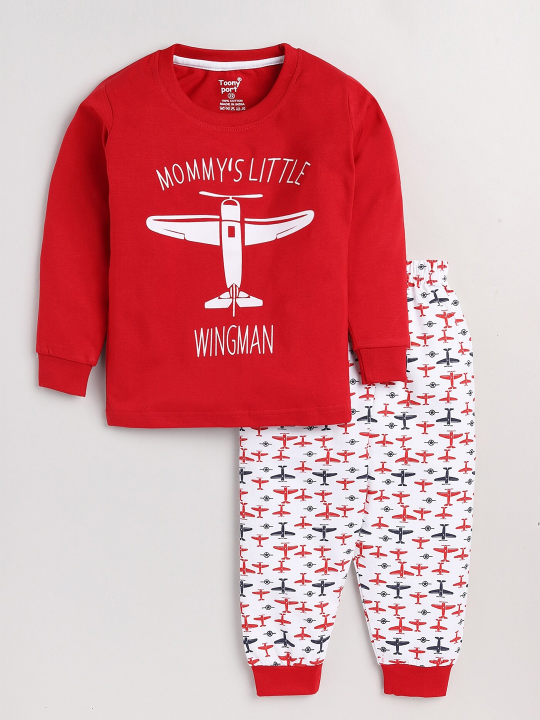 

Toonyport Kids Red & White Printed Pure Cotton Top with Pyjamas