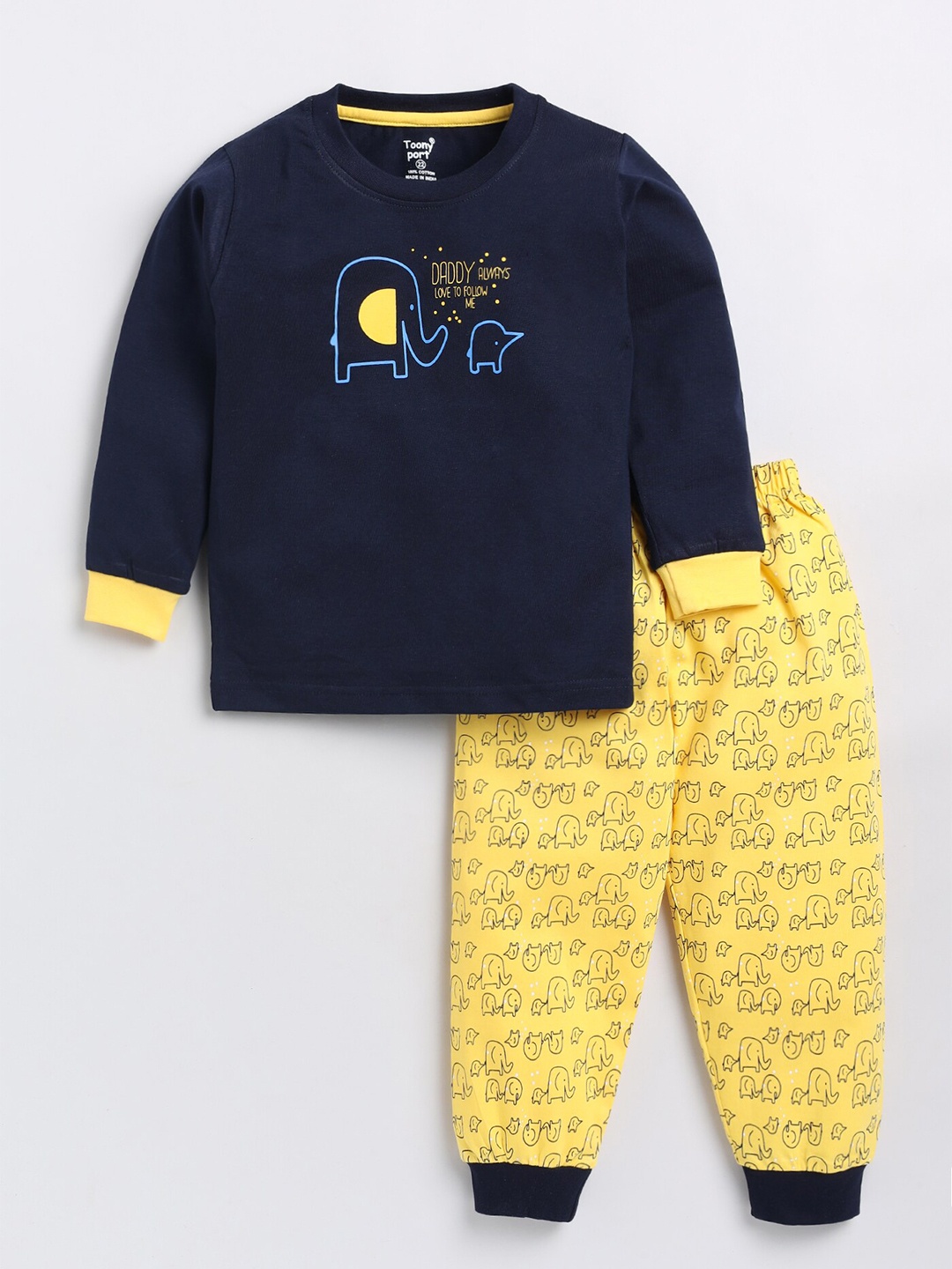 

Toonyport Kids Navy Blue & Yellow Printed Pure Cotton Top with Pyjamas