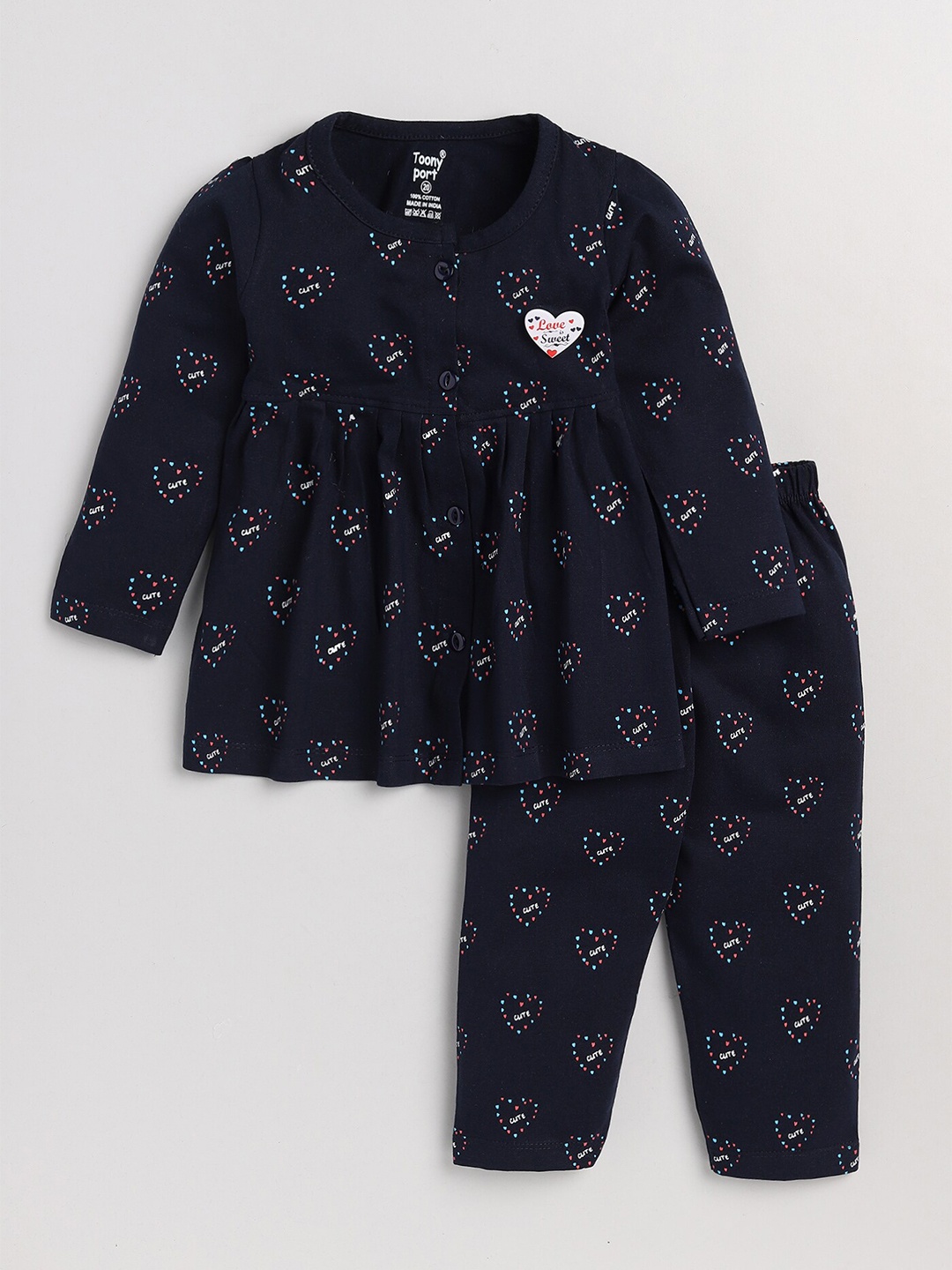 

Toonyport Girls Navy Blue & Red Printed Pure Cotton Tunic with Pyjamas