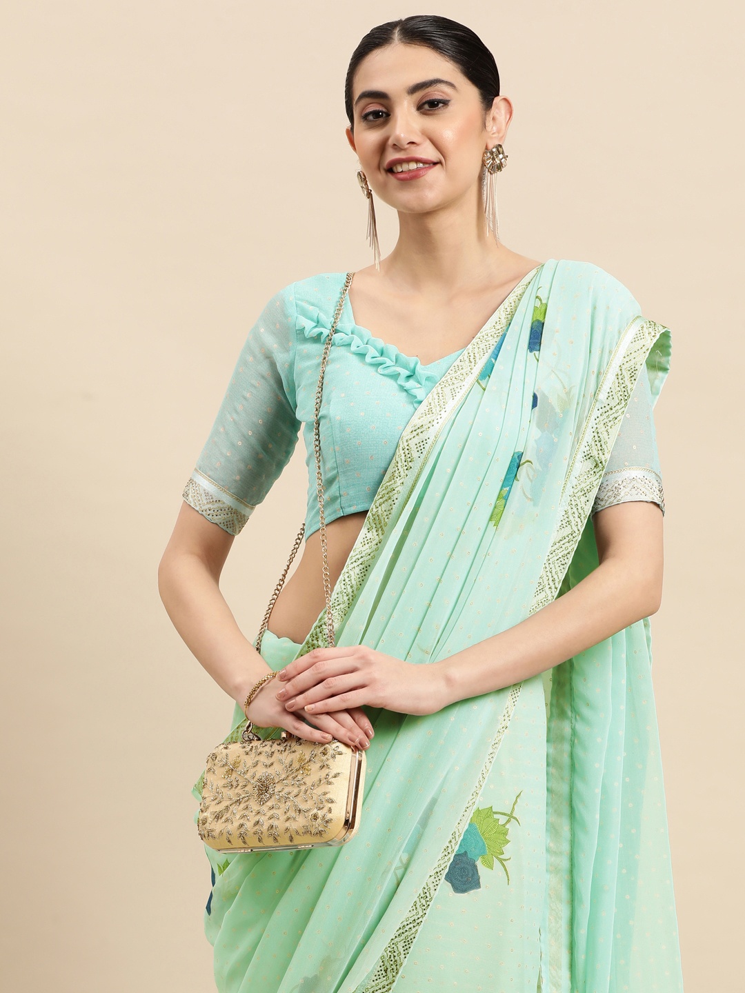 

Mitera Floral Sequinned Pure Georgette Saree, Sea green