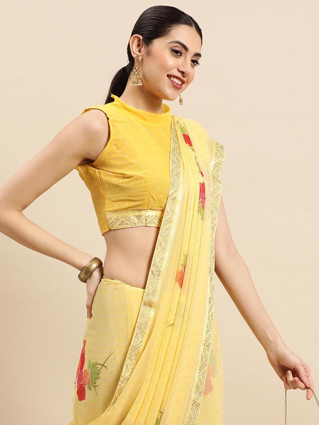 

Mitera Floral Sequinned Pure Georgette Saree, Yellow