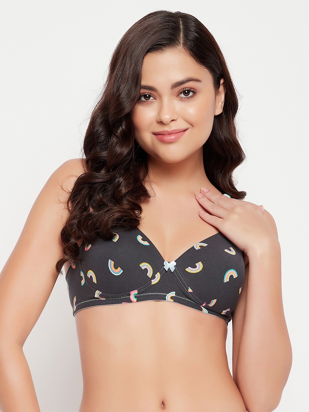 

Clovia Padded Non-Wired Full Cup Rainbow Print Multiway T-shirt Bra BR2395P0532B, Grey