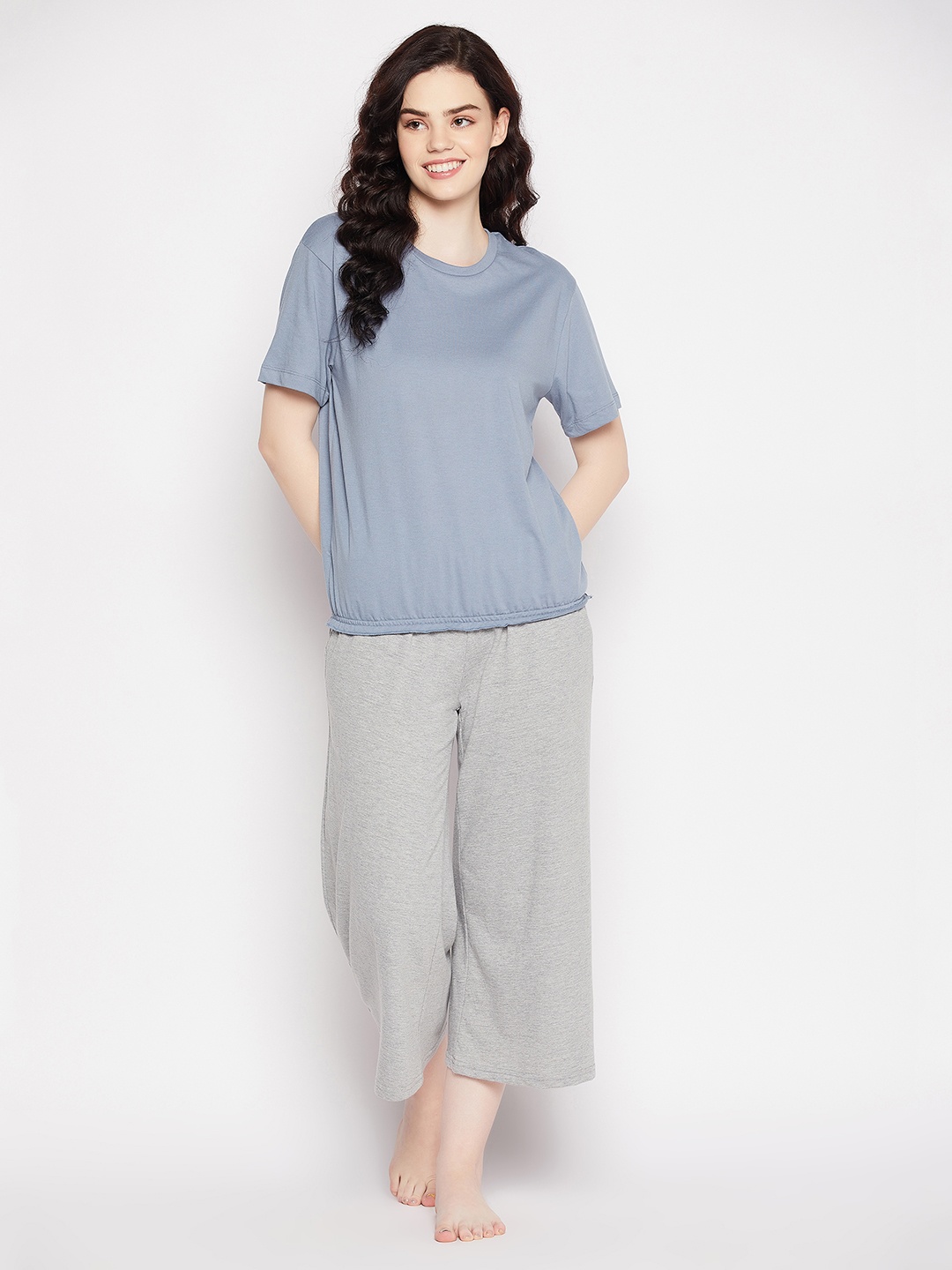 

Clovia Women Grey & Blue Pure Cotton Night Suit