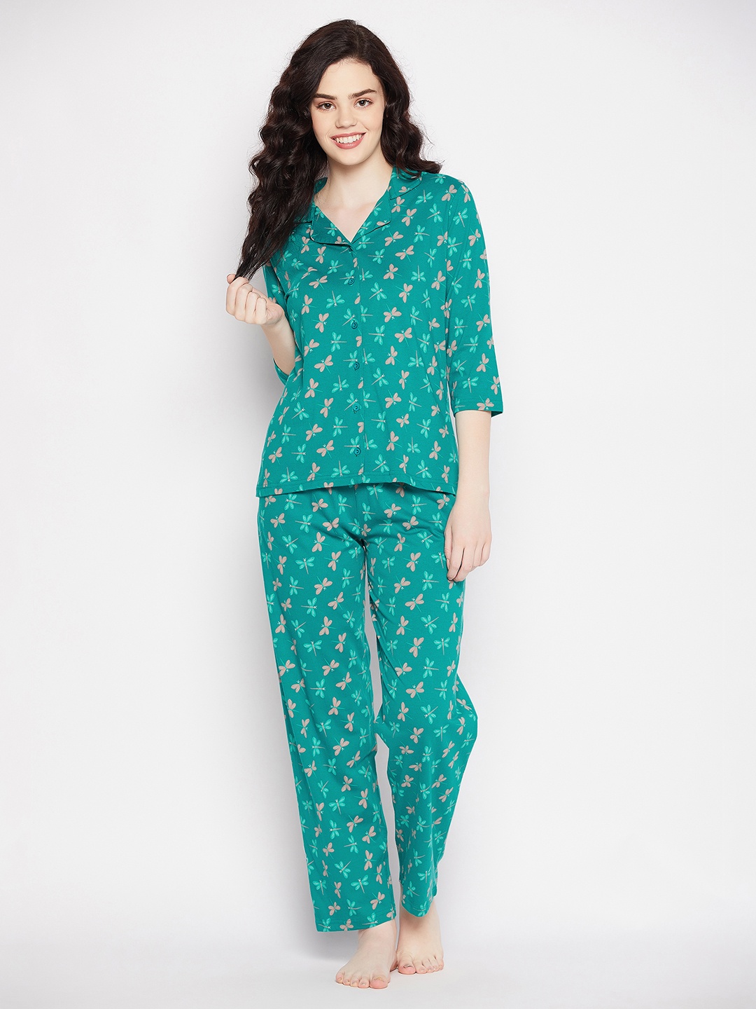 

Clovia Women Turquoise Blue & Peach-Coloured Printed Night suit