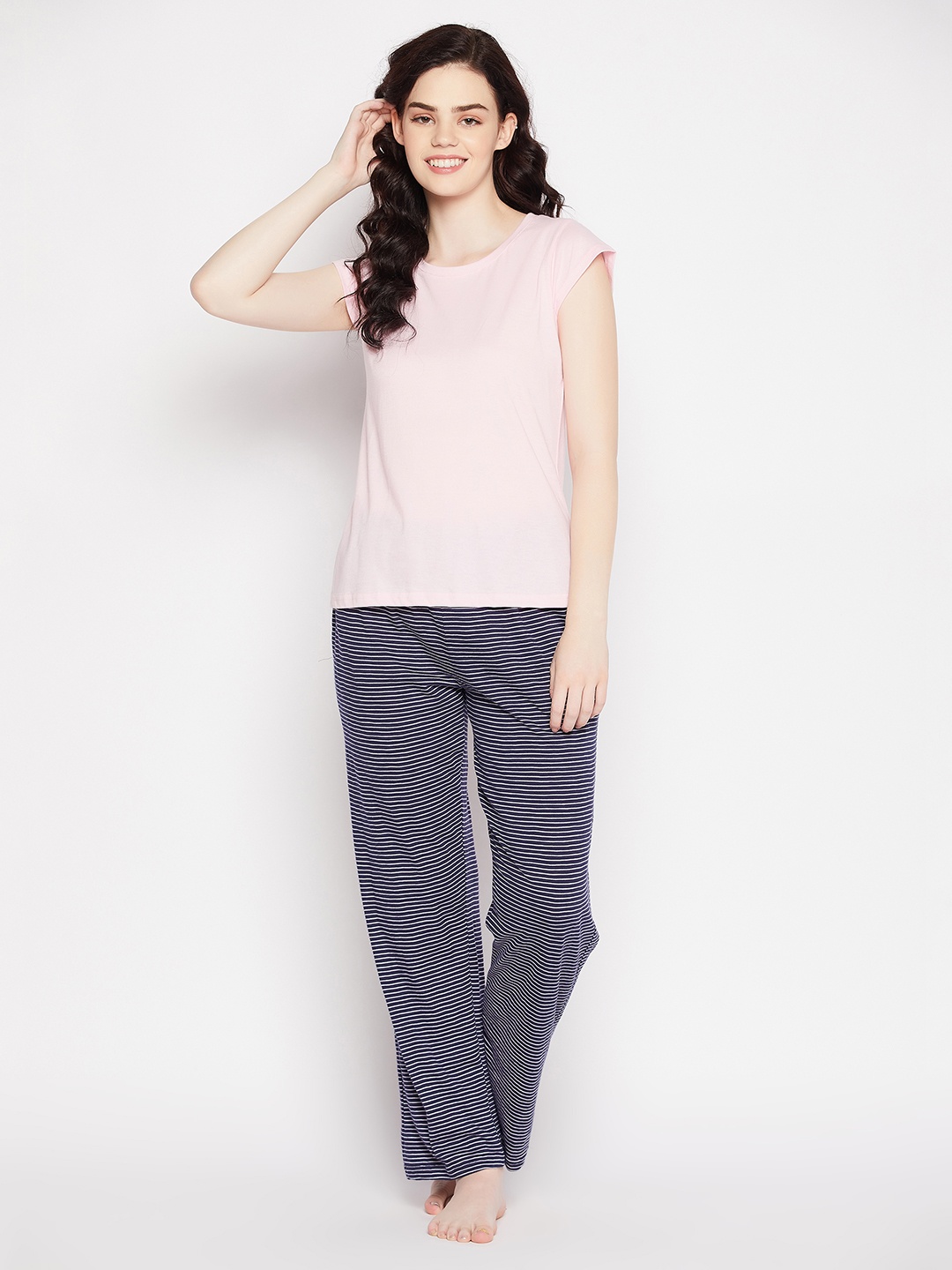

Clovia Women Pink & Blue Striped Night Suit