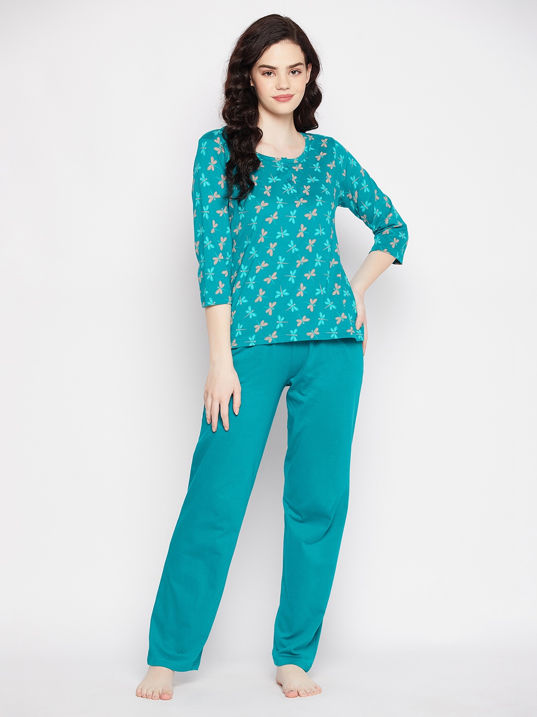 

Clovia Women Pure Cotton Butterfly Print Top & Solid Pyjama, Turquoise blue