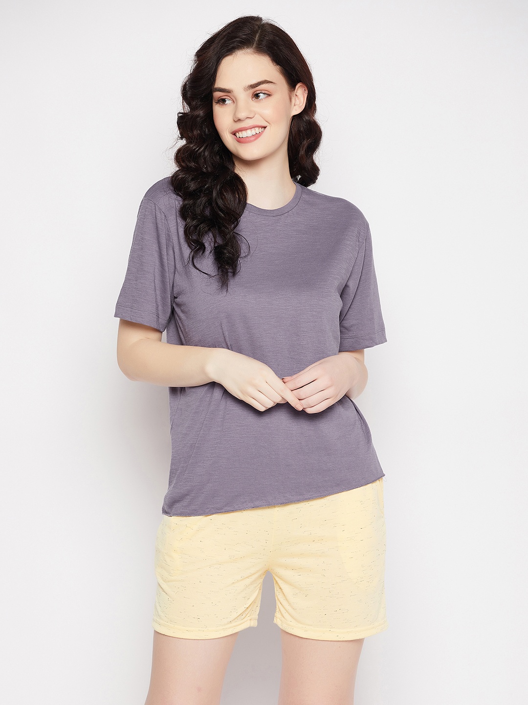 

Clovia Women Yellow & Purple Pure Cotton Night Suit