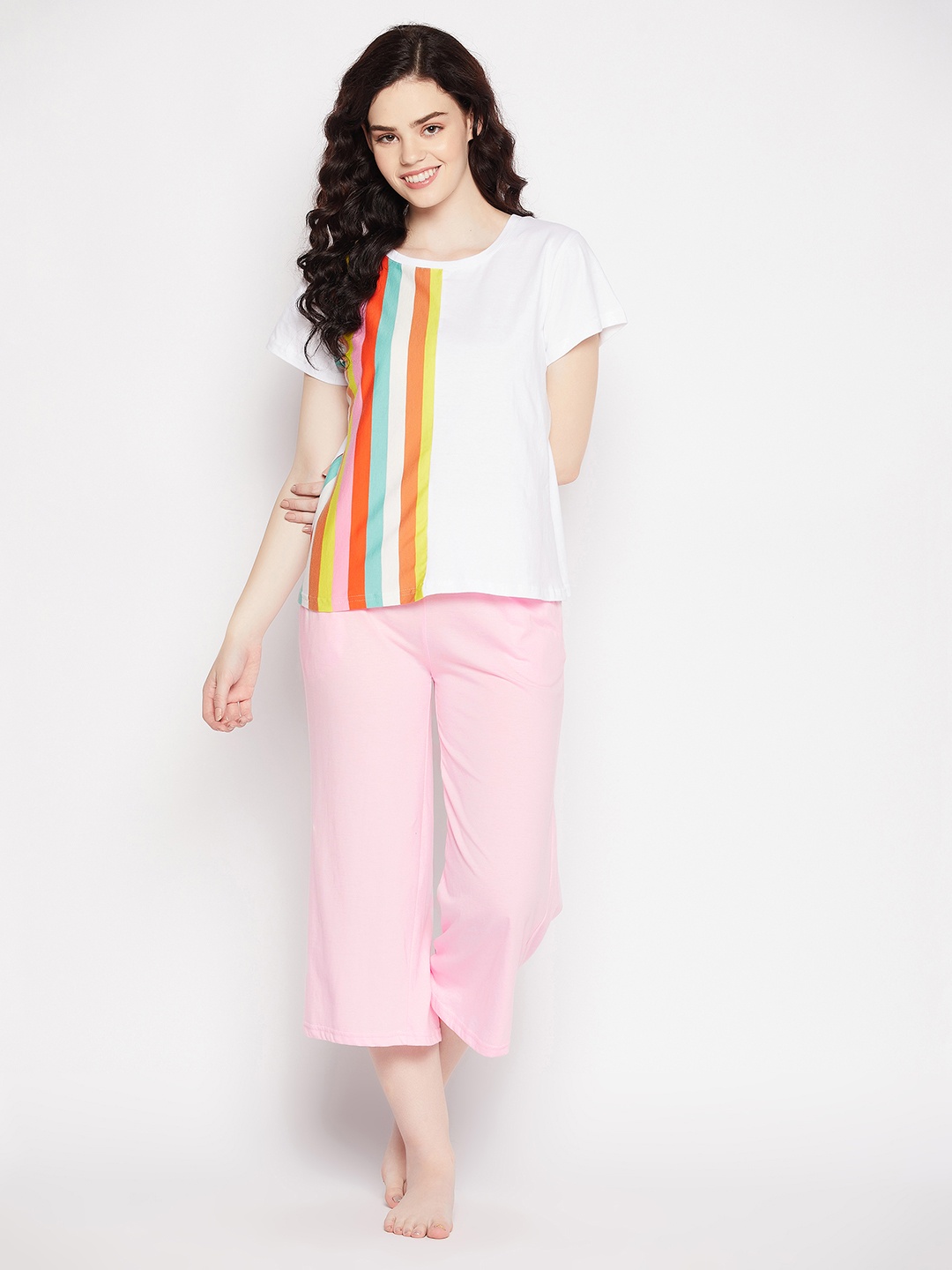 

Clovia Women White & Orange Striped Pure Cotton Night suit