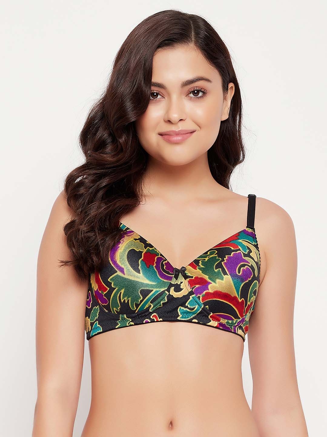 

"Clovia Padded Non-Wired Full Cup Floral Print Multiway T-shirt Bra, Black
