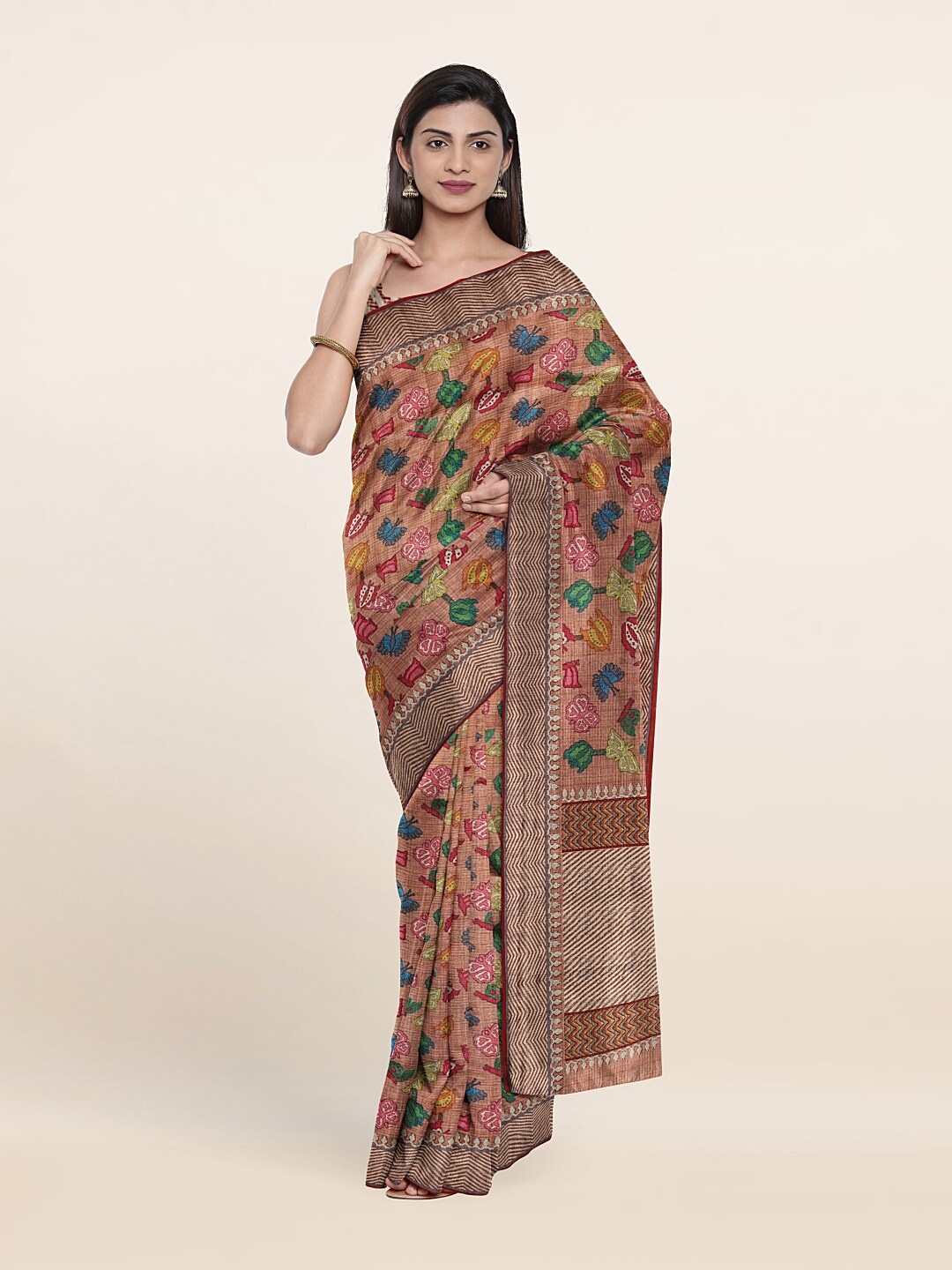 

Pothys Peach-Coloured & Blue Floral Jute Silk Saree